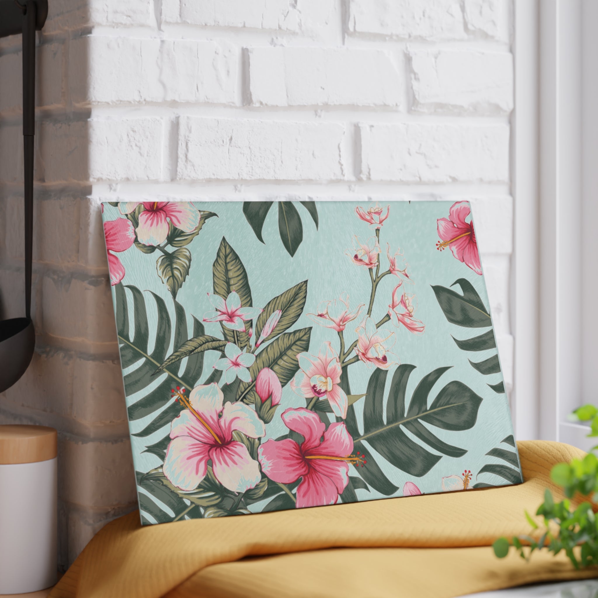Hawaiian Tropical Floral Hibiscus Glass Cutting Board, Kitchen Decor, Unique Gift for Foodies, Housewarming, Wedding, Mothers Day