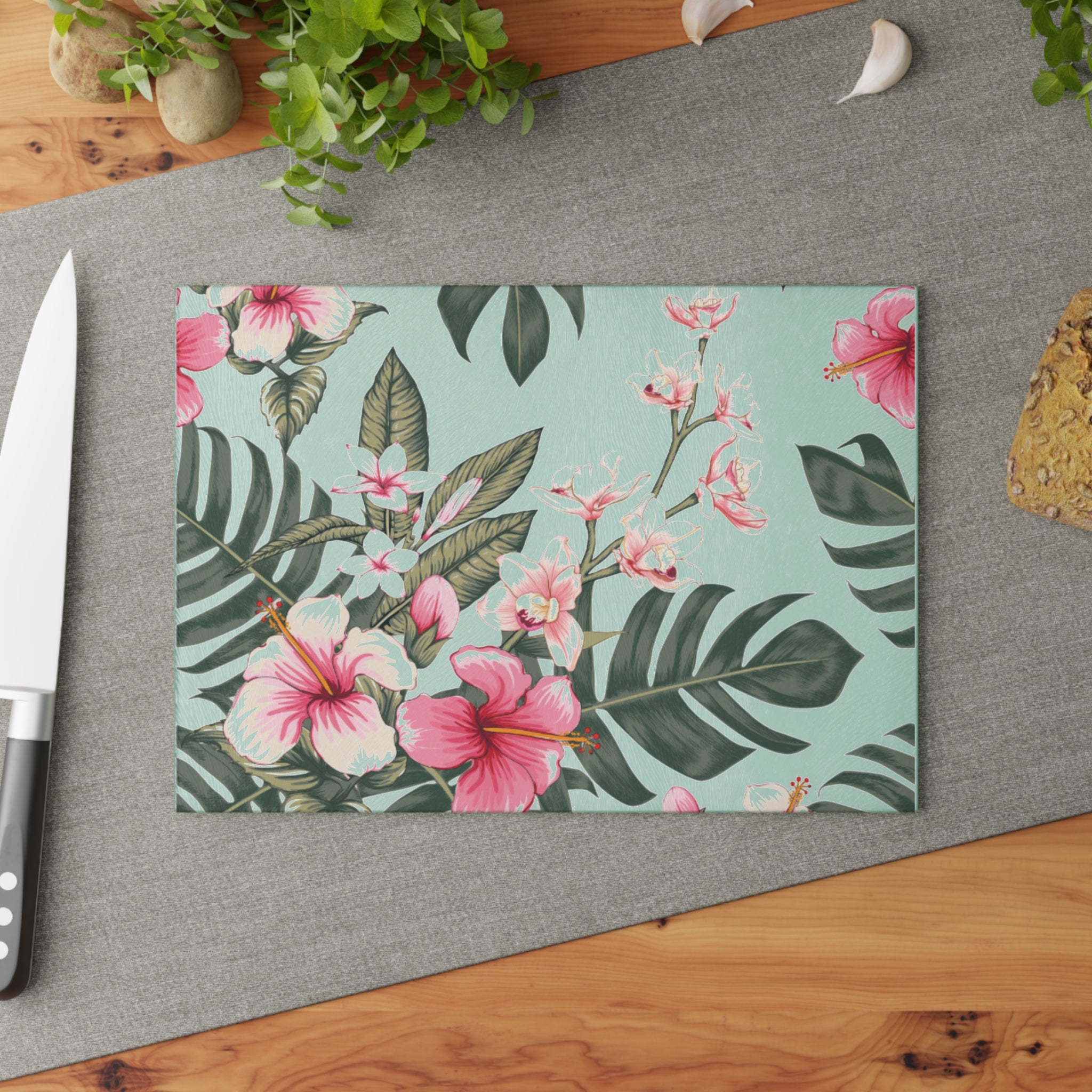 Hawaiian Tropical Floral Hibiscus Glass Cutting Board, Kitchen Decor, Unique Gift for Foodies, Housewarming, Wedding, Mothers Day