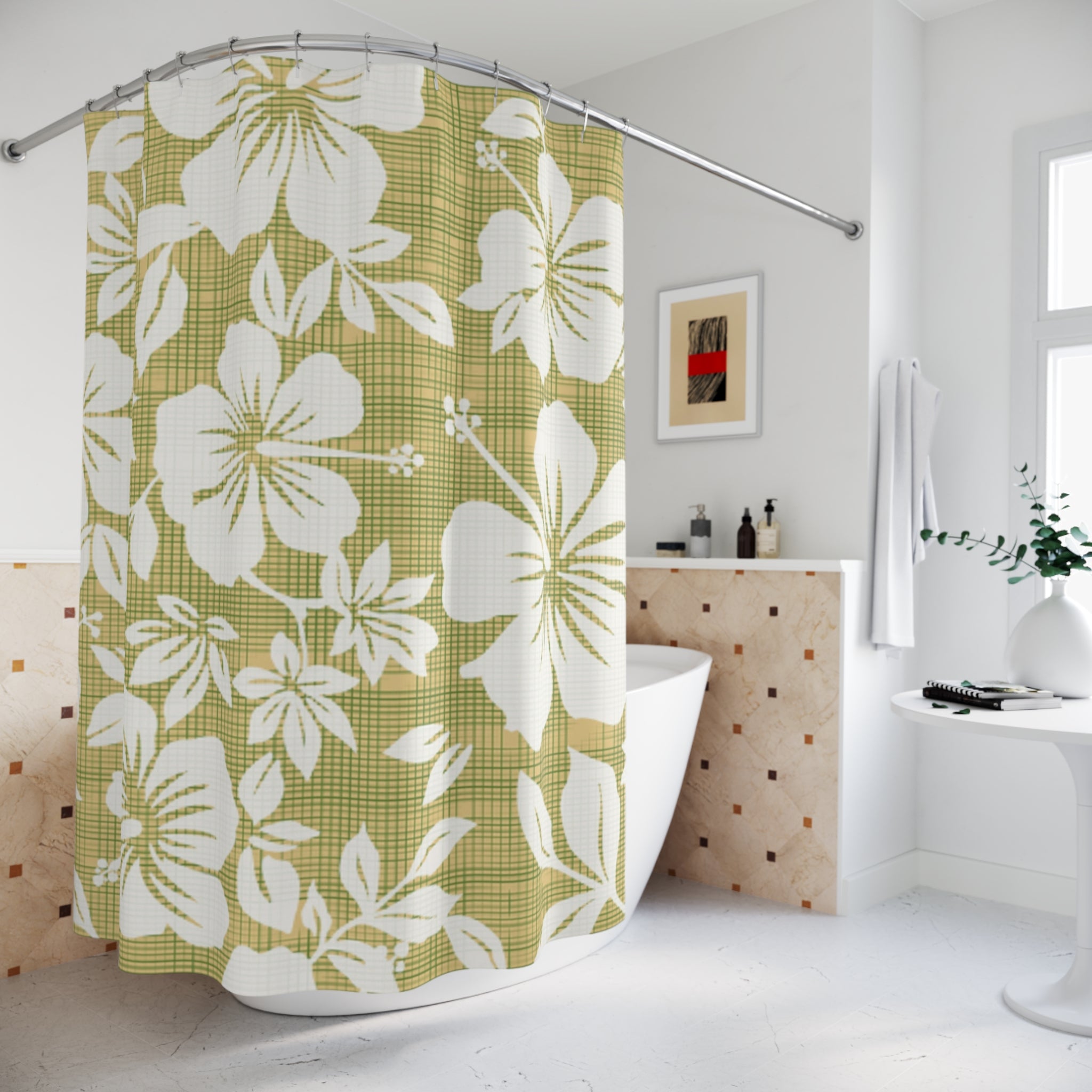 Boho Floral Shower Curtain, Tropical Bathroom Decor, Hibiscus Print, Green Flower Bath Curtain, Nature-Inspired Home Decor