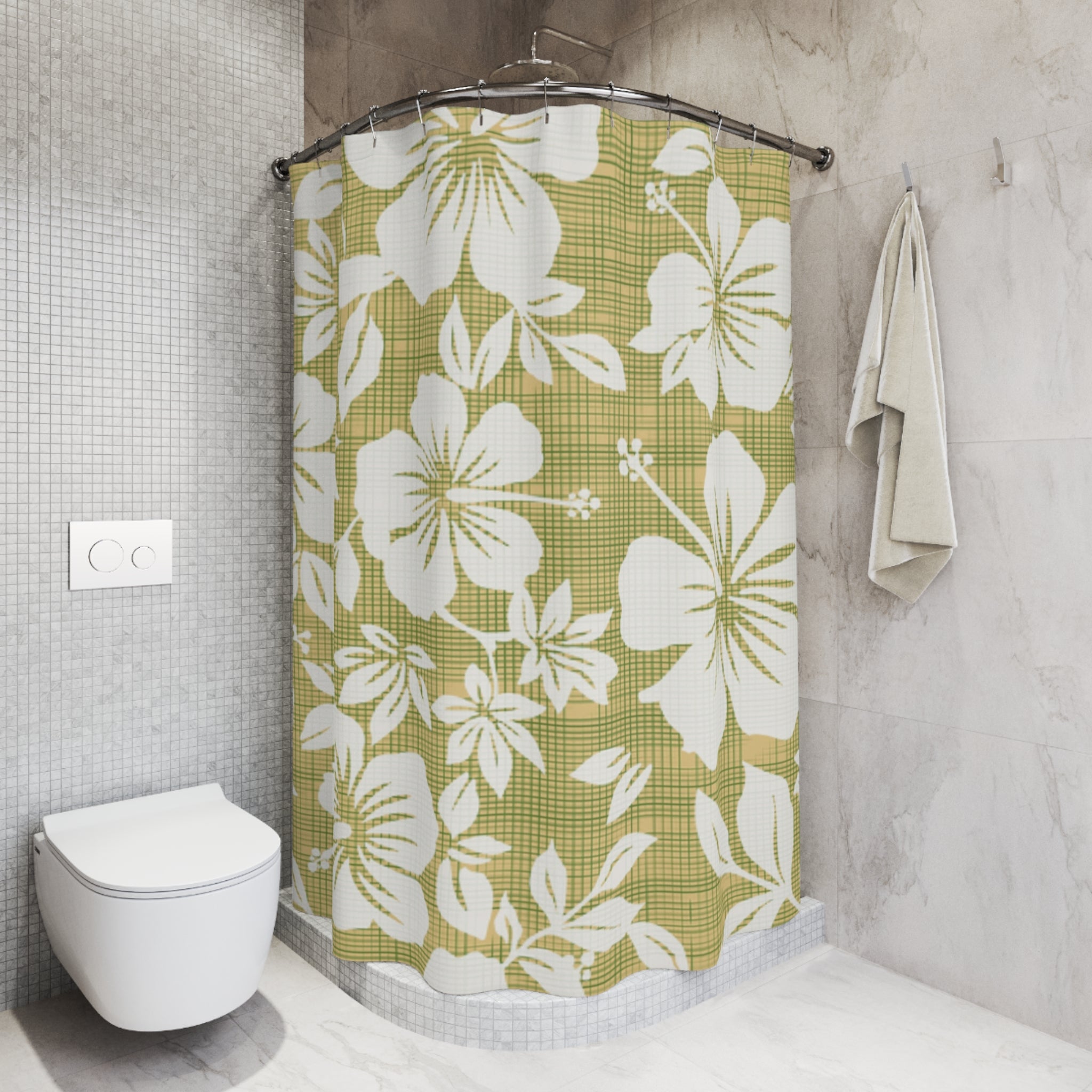 Boho Floral Shower Curtain, Tropical Bathroom Decor, Hibiscus Print, Green Flower Bath Curtain, Nature-Inspired Home Decor