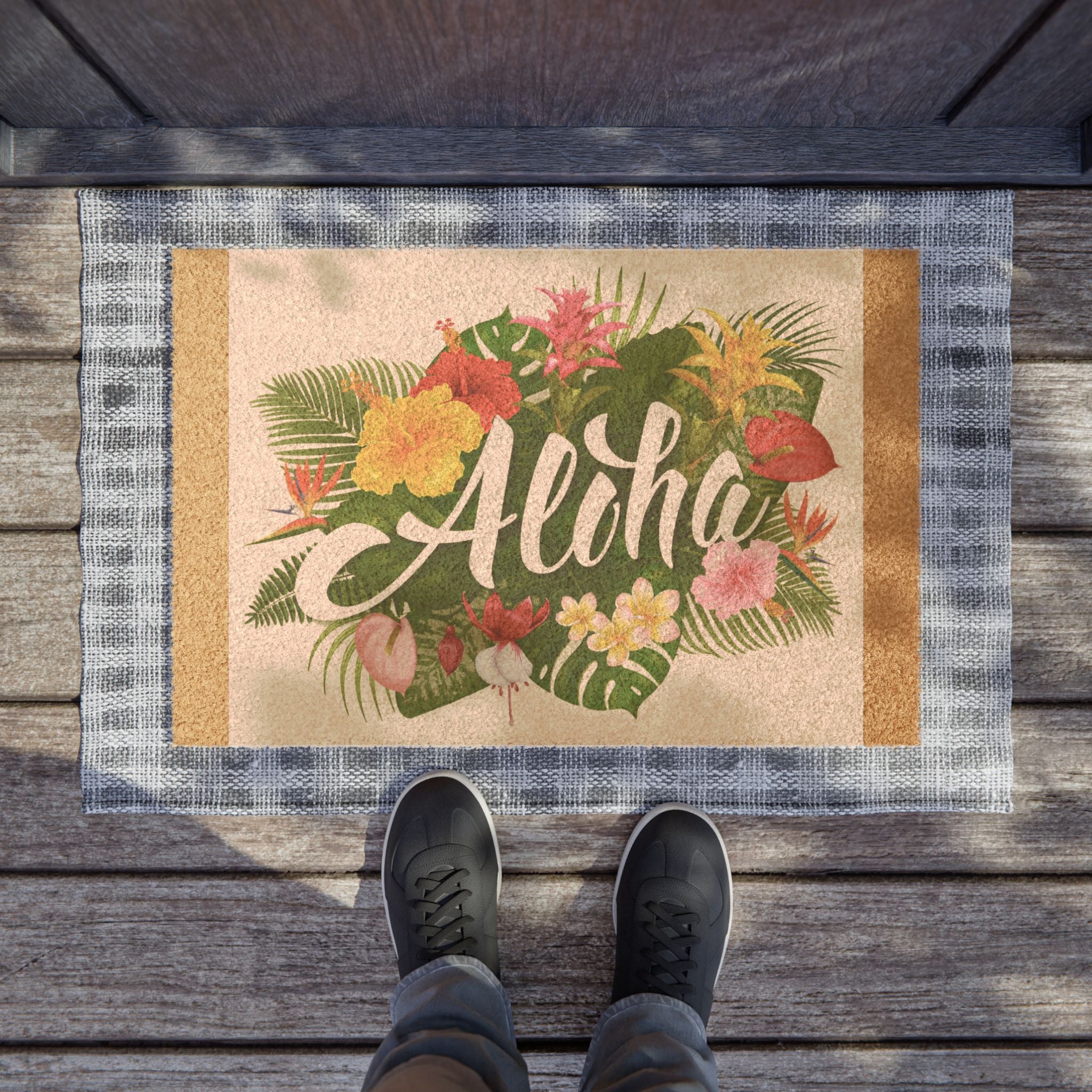 Aloha Floral Doormat, Tropical Welcome Mat for Home Decor, Summer Entryway Rug, Hawaiian Housewarming Gift, Outdoor Indoor Mat
