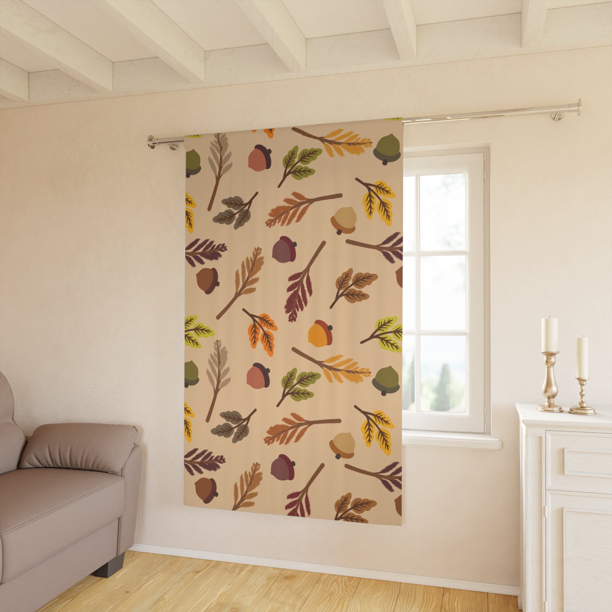 Autumn-Themed Window Curtains, Fall Home Decor, Harvest Seasonal Drapery, Acorn Print Curtain, Cozy Living Room Accessories