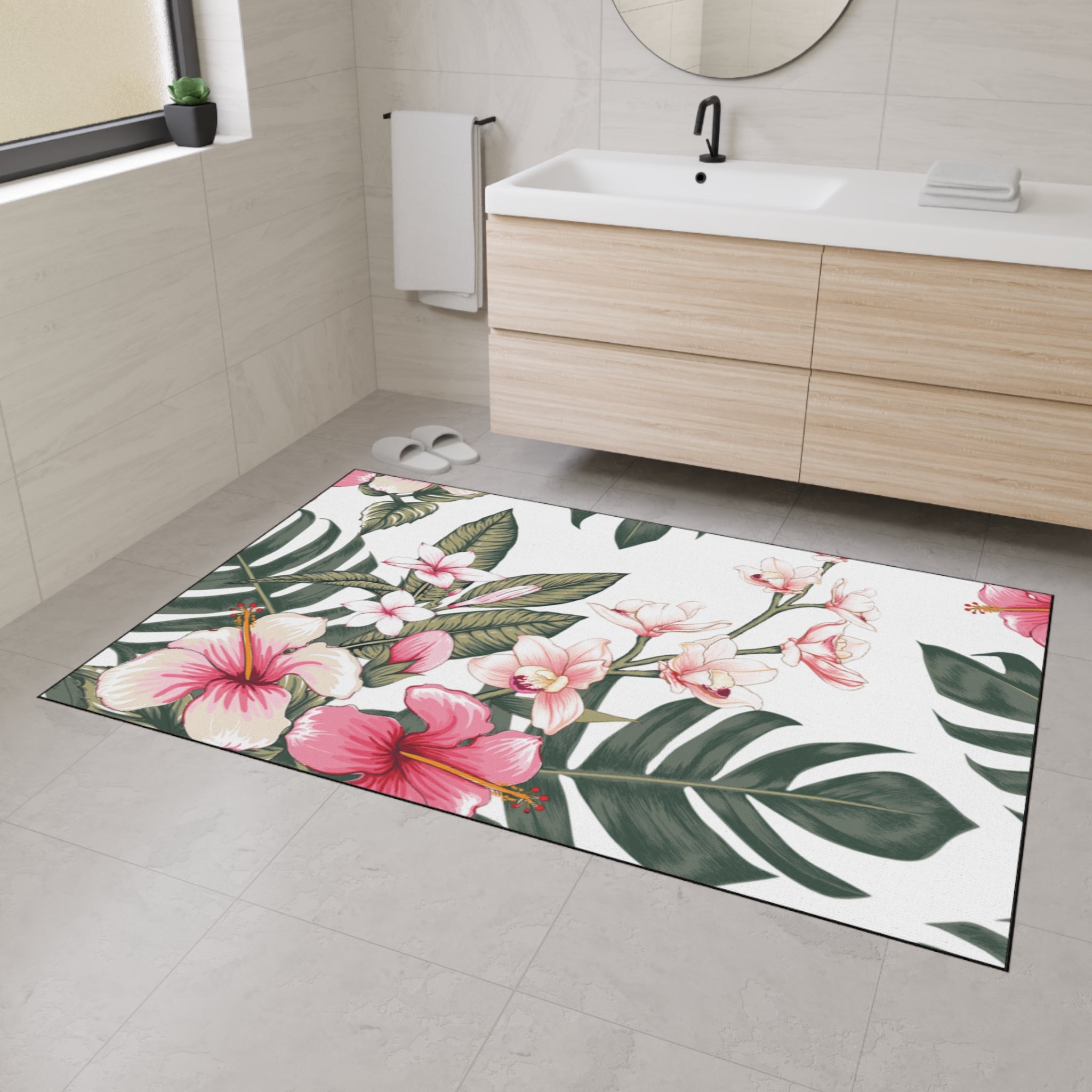 Hawaiian Tropical Plumeria Floral Heavy Duty Floor Mat, Kitchen Rug, Indoor Outdoor Welcome Mat, Home Decor, Summer Vibes, Hibiscus Design