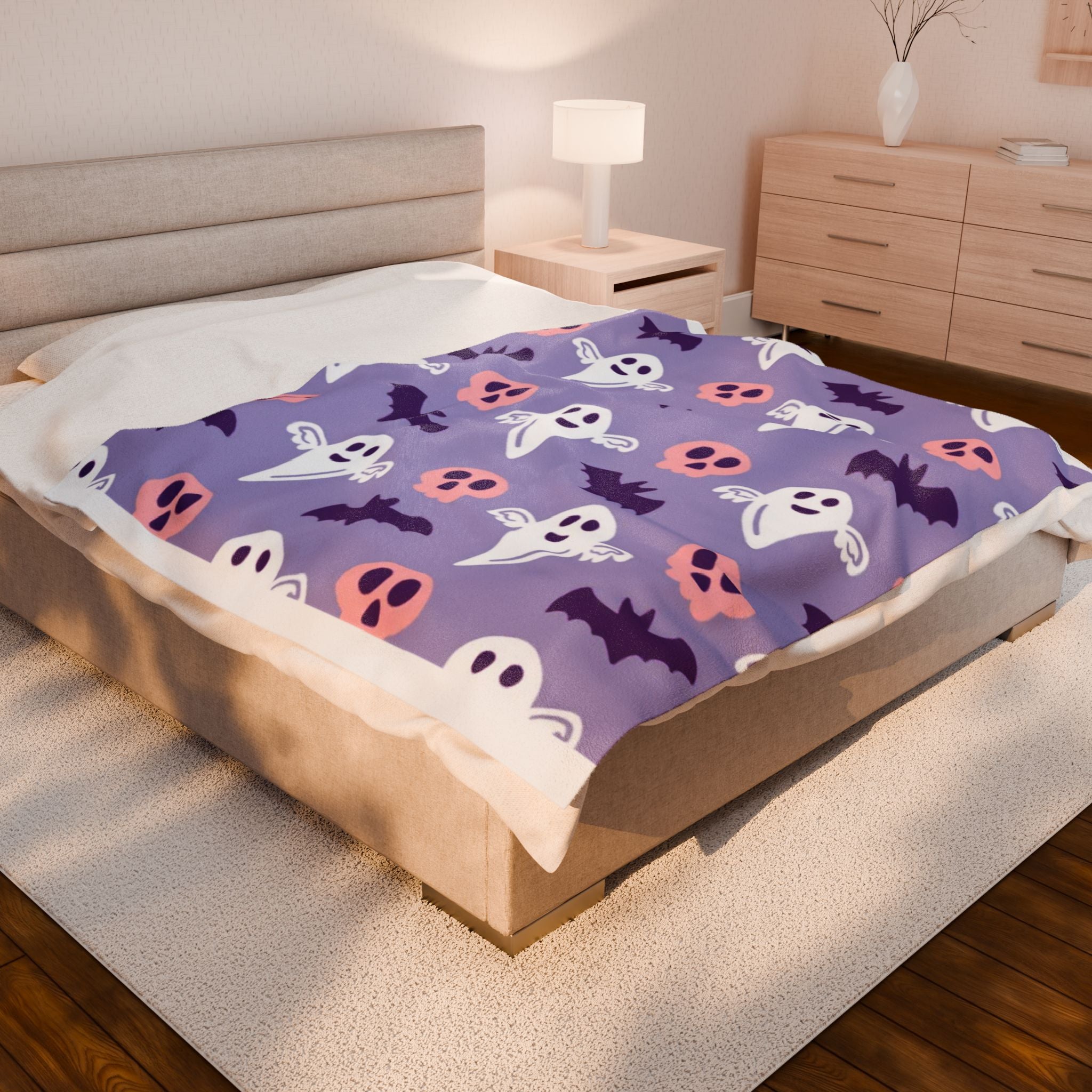 Ghost & Skull Velveteen Plush Blanket | Cozy Halloween Decor, Soft Throw Blanket, Ghostly Gift, Kids Blanket, Spooky Home