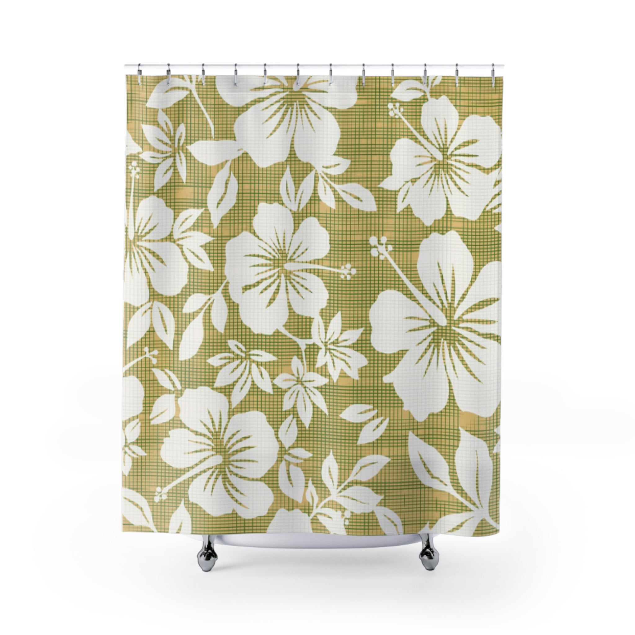 Boho Floral Shower Curtain, Tropical Bathroom Decor, Hibiscus Print, Green Flower Bath Curtain, Nature-Inspired Home Decor