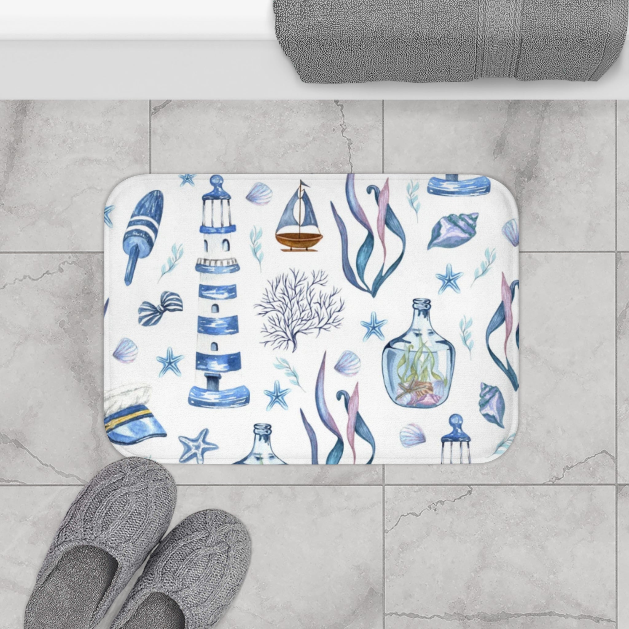 Coastal Seashell Bath Mat, Beach Decor, Nautical Bathroom Rug, Summer Home Accessory, Ocean Themed Gift