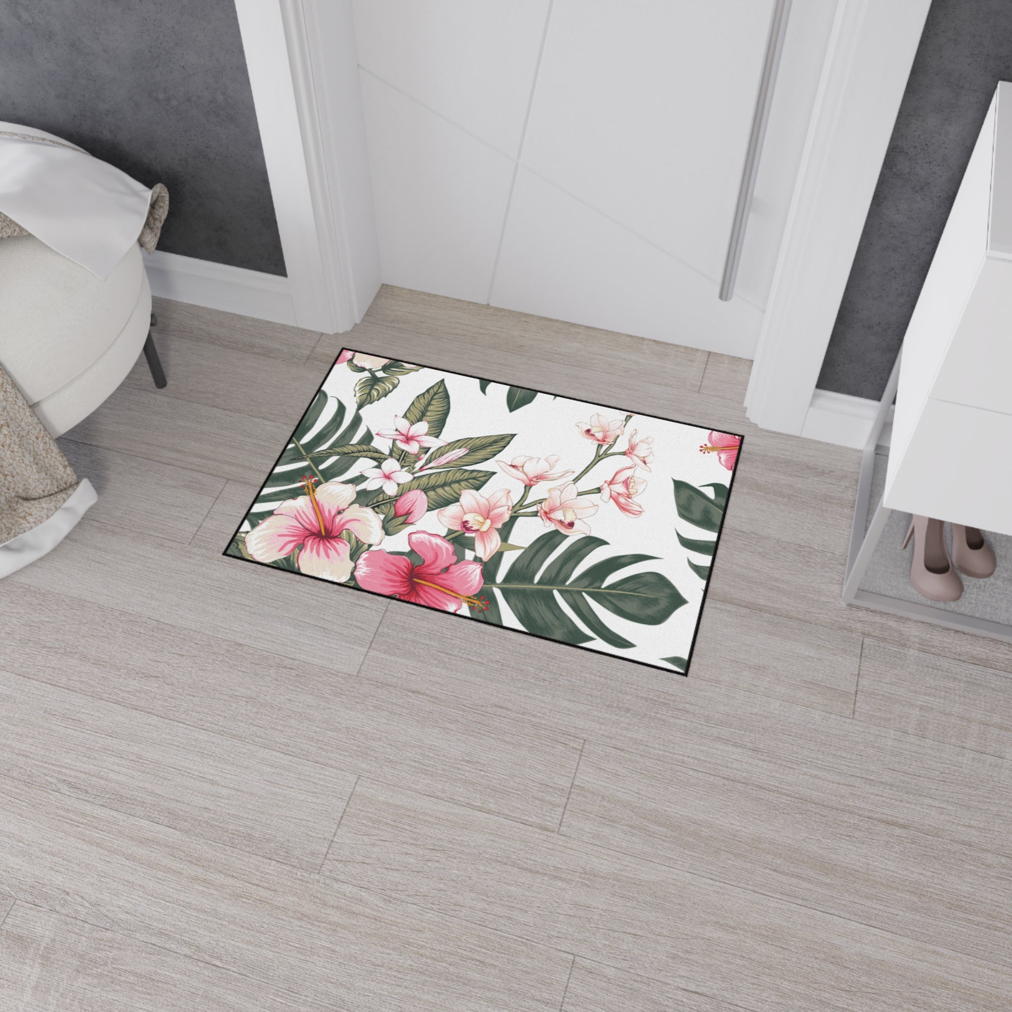 Hawaiian Tropical Plumeria Floral Heavy Duty Floor Mat, Kitchen Rug, Indoor Outdoor Welcome Mat, Home Decor, Summer Vibes, Hibiscus Design