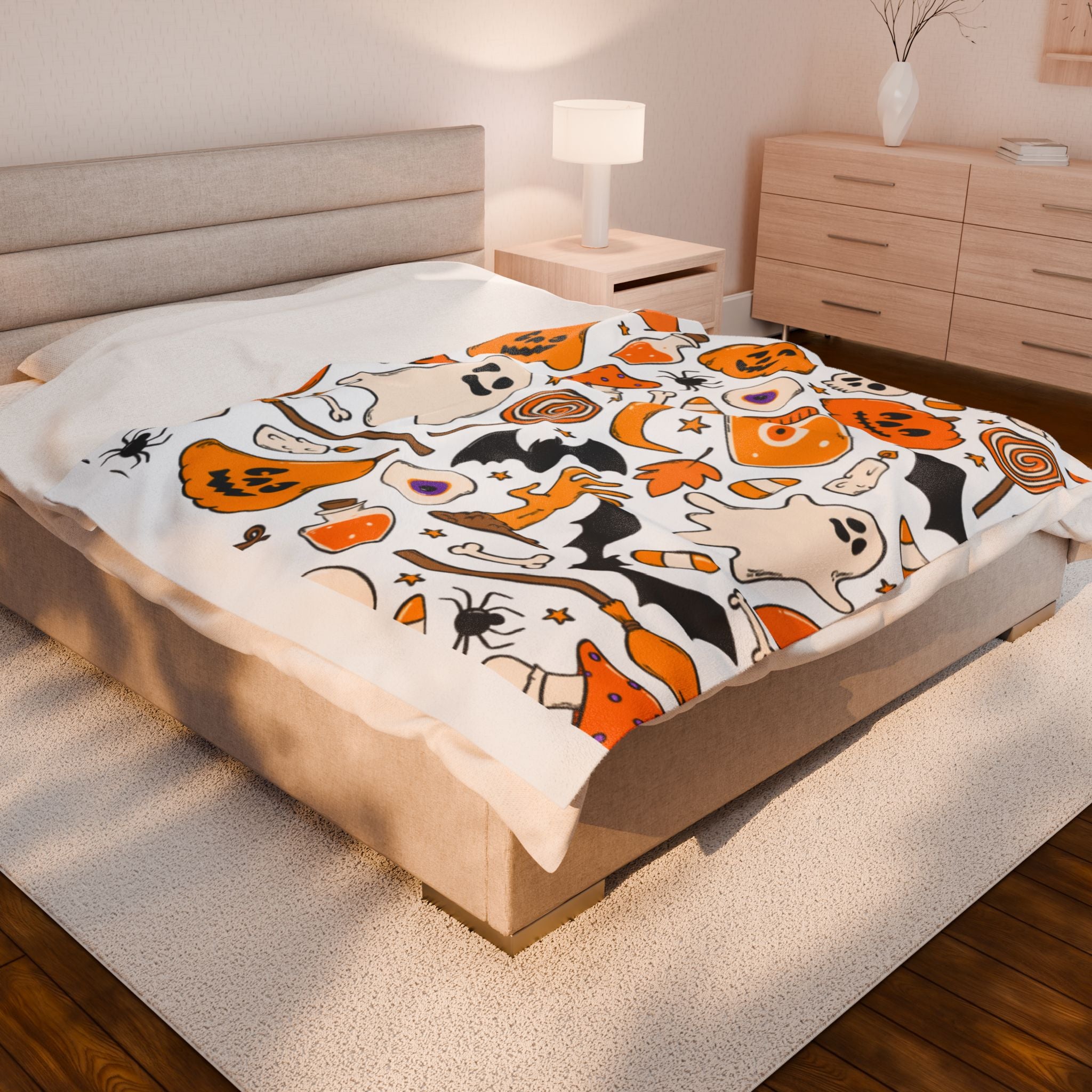 Halloween Themed Velveteen Plush Blanket | Cozy Fall Decor, Spooky Gifts, Haunted House Essentials, Pumpkin & Ghost Design