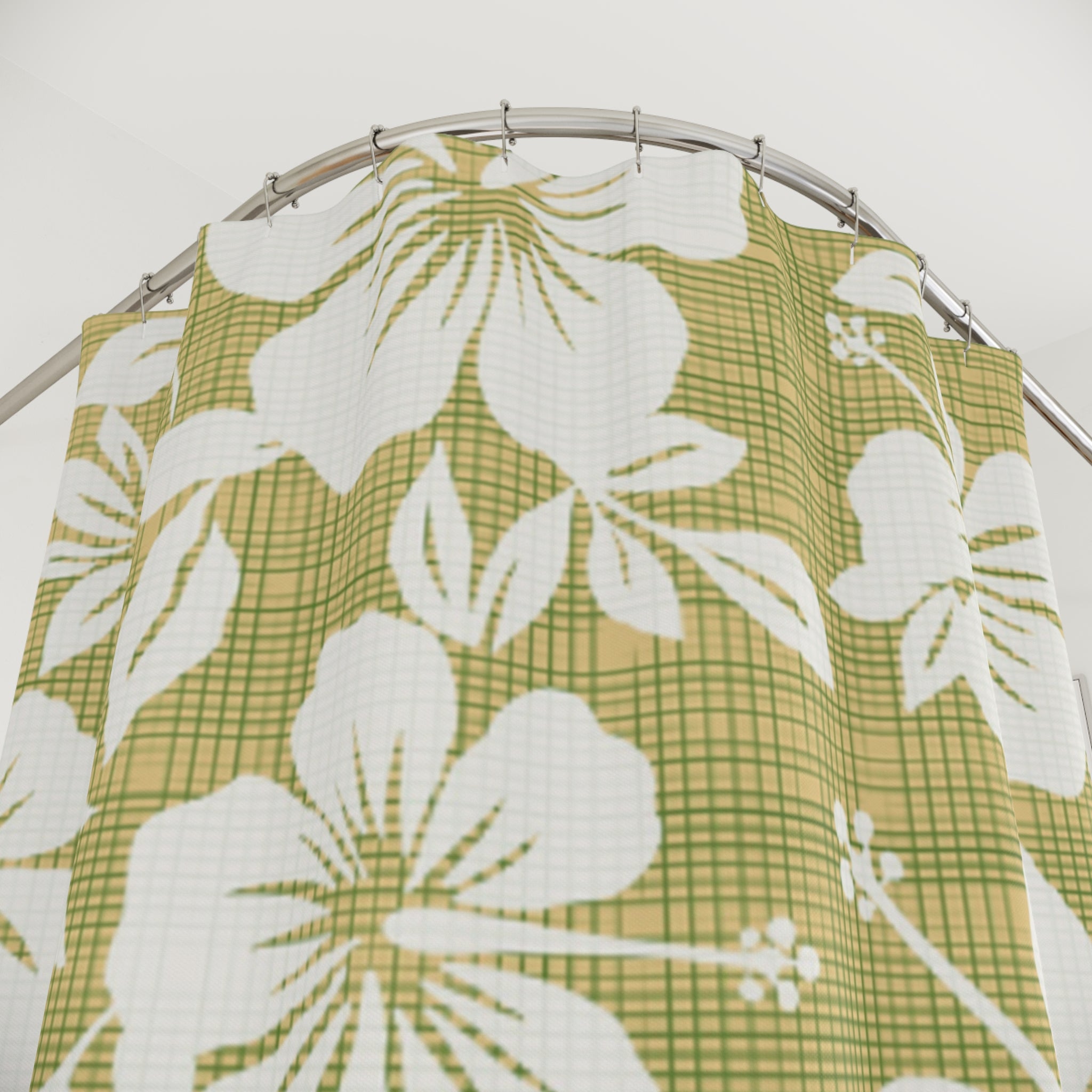 Boho Floral Shower Curtain, Tropical Bathroom Decor, Hibiscus Print, Green Flower Bath Curtain, Nature-Inspired Home Decor