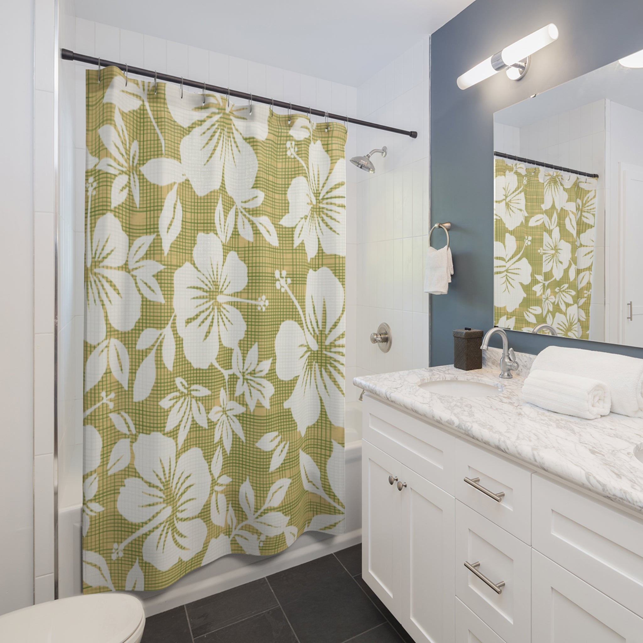 Boho Floral Shower Curtain, Tropical Bathroom Decor, Hibiscus Print, Green Flower Bath Curtain, Nature-Inspired Home Decor