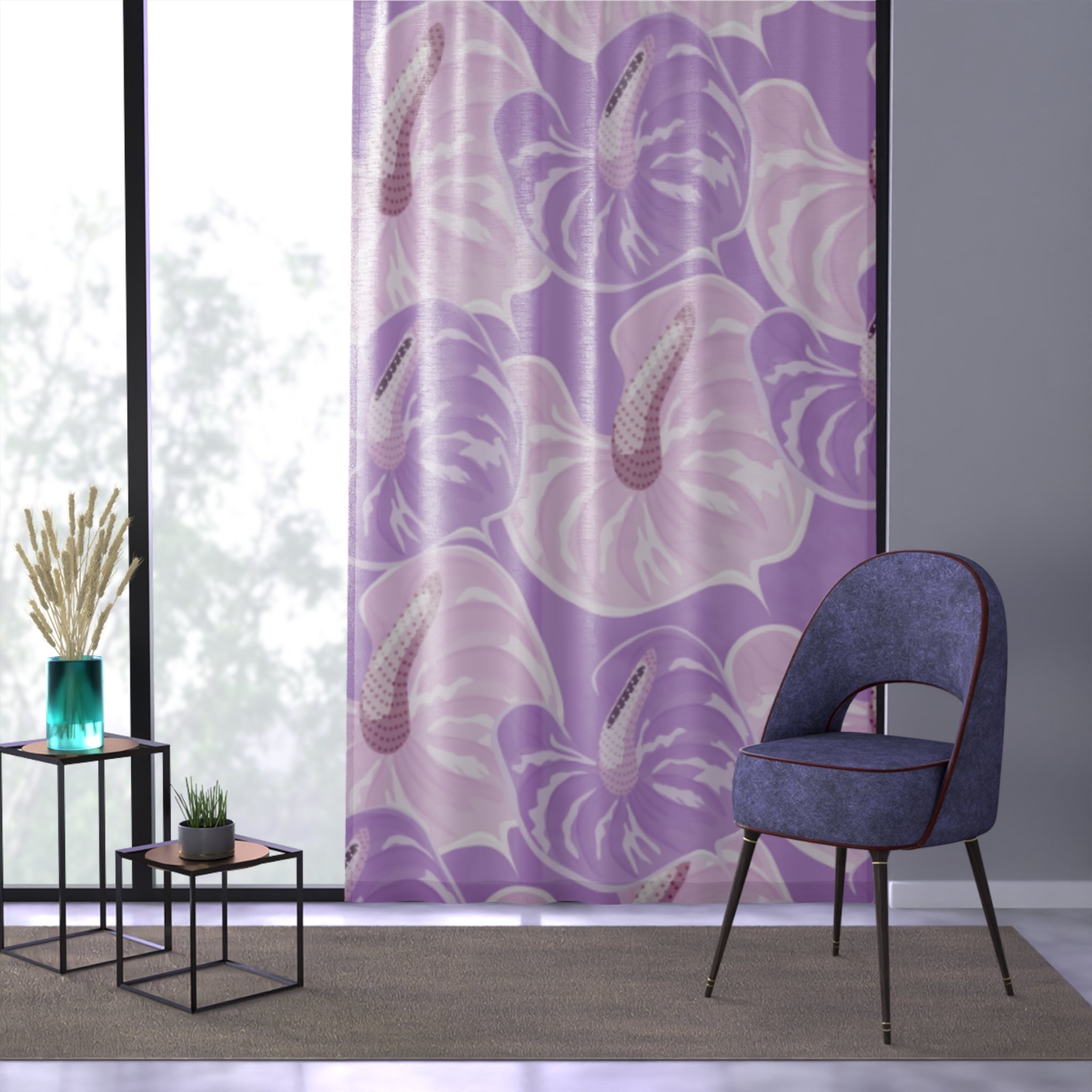 Purple Floral Window Curtain - Elegant Drapes, Flower Print, Home Decor, Living Room, Gift Idea, Boho Style, Tropical Vibes