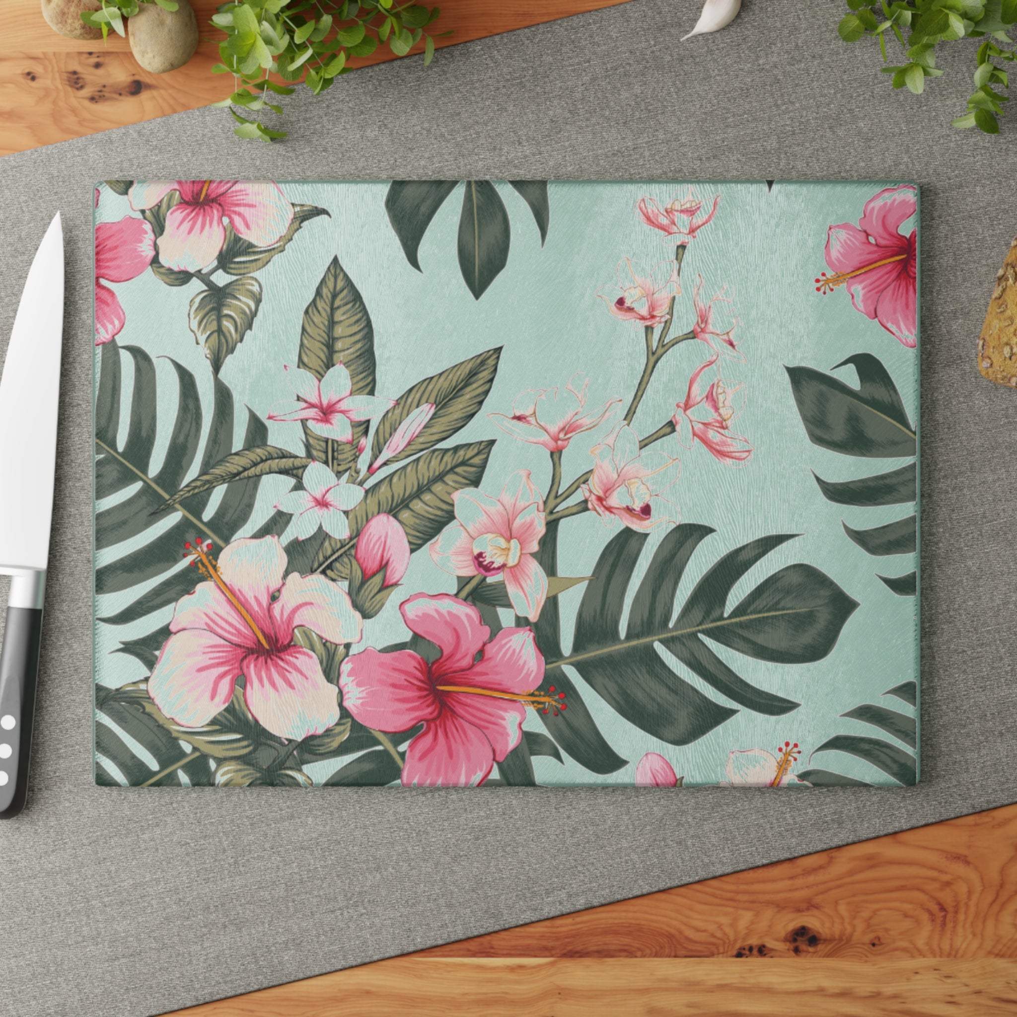 Hawaiian Tropical Floral Hibiscus Glass Cutting Board, Kitchen Decor, Unique Gift for Foodies, Housewarming, Wedding, Mothers Day