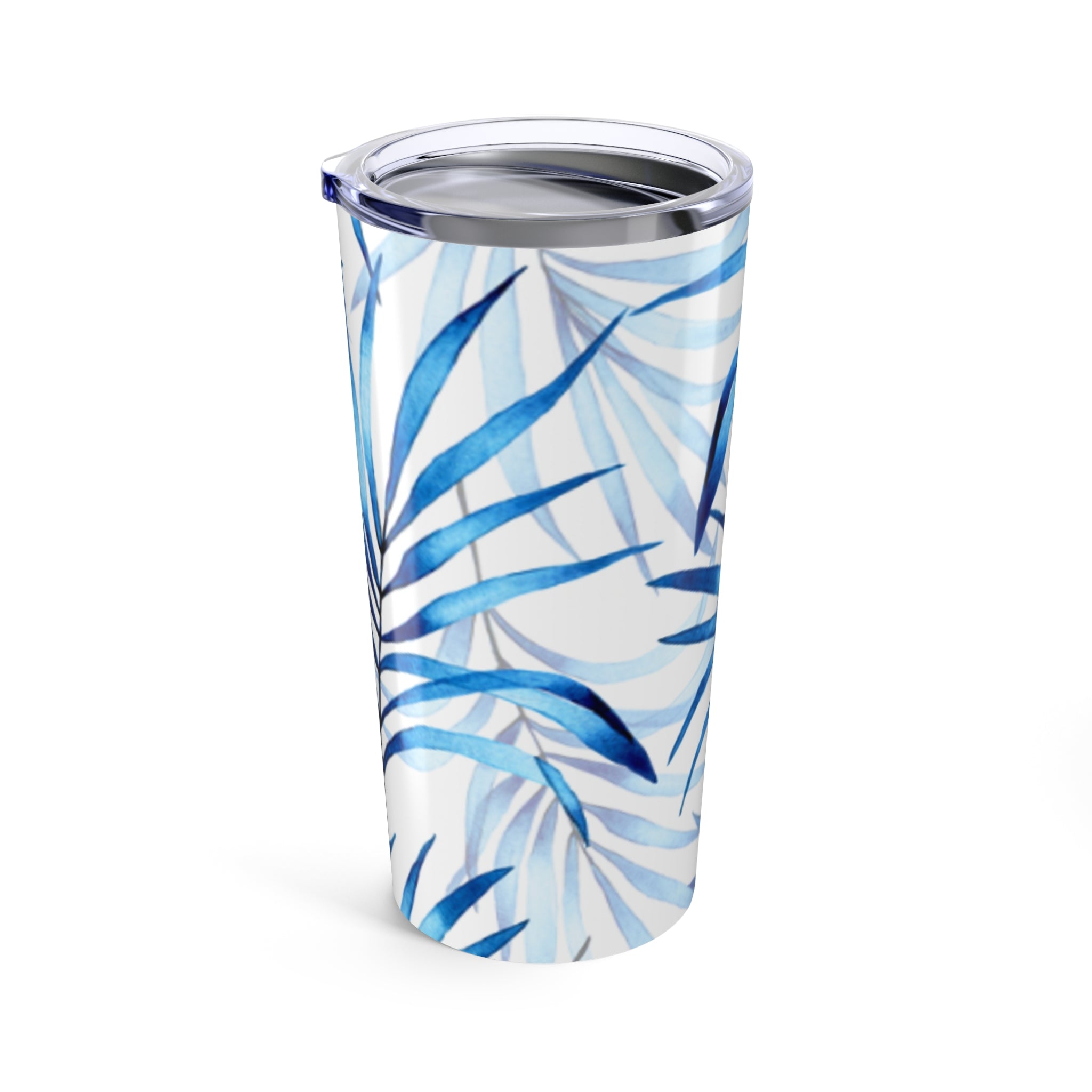 Blue Tropical Leaves Tumbler, 20oz Insulated Travel Mug, Eco-Friendly Coffee Cup, Gifts for Her, Summer Drinkware, Beach Party Accessory