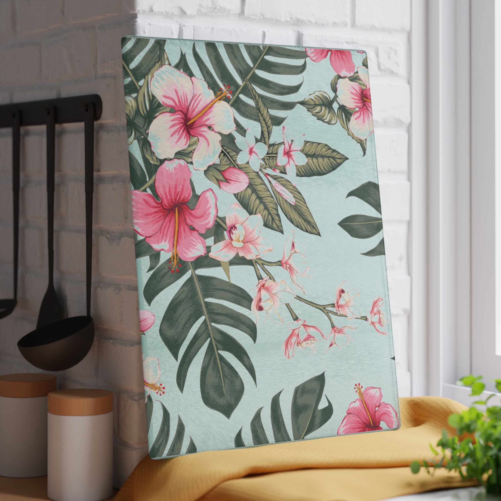 Hawaiian Tropical Floral Hibiscus Glass Cutting Board, Kitchen Decor, Unique Gift for Foodies, Housewarming, Wedding, Mothers Day