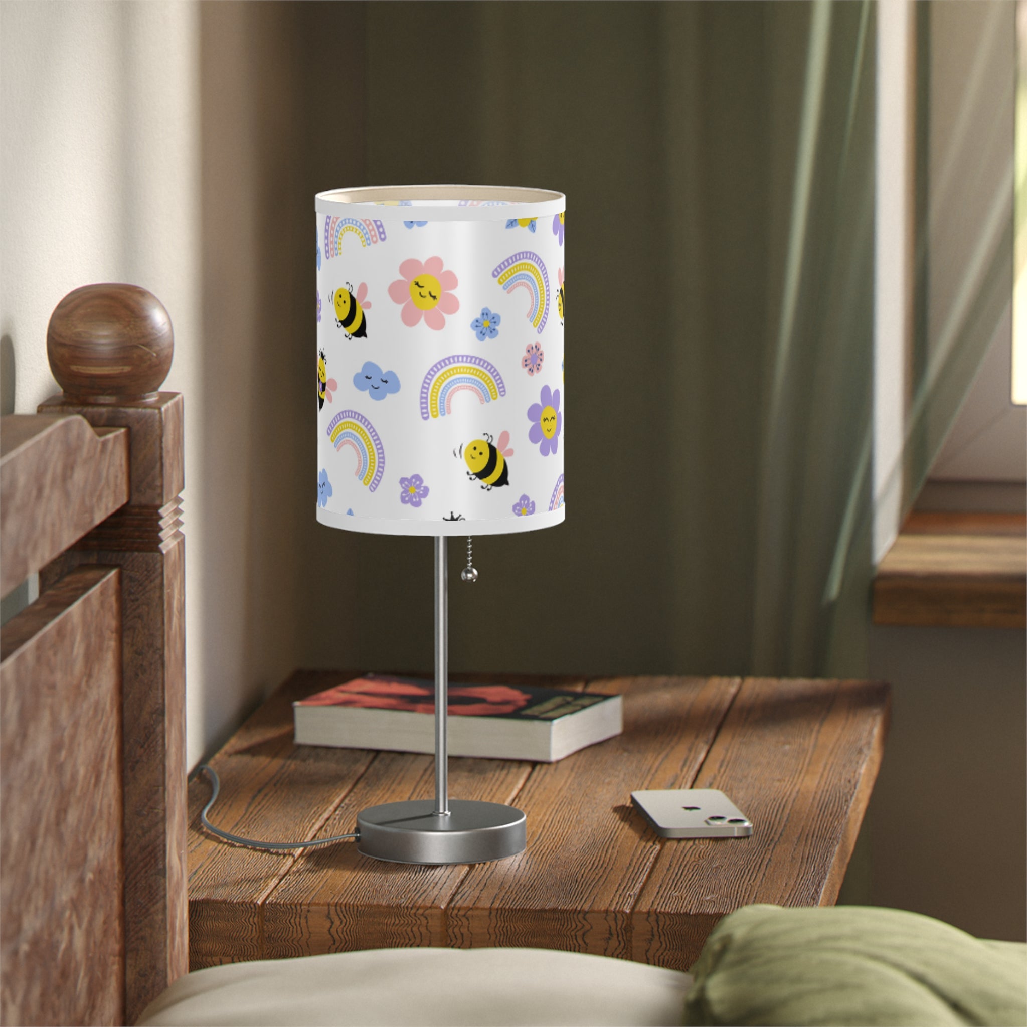 Cheerful Floral Table Lamp, Bee and Rainbow Decor for Kids Room, Night Light for Nursery or Playroom, Ideal Birthday Gift, Home Decor