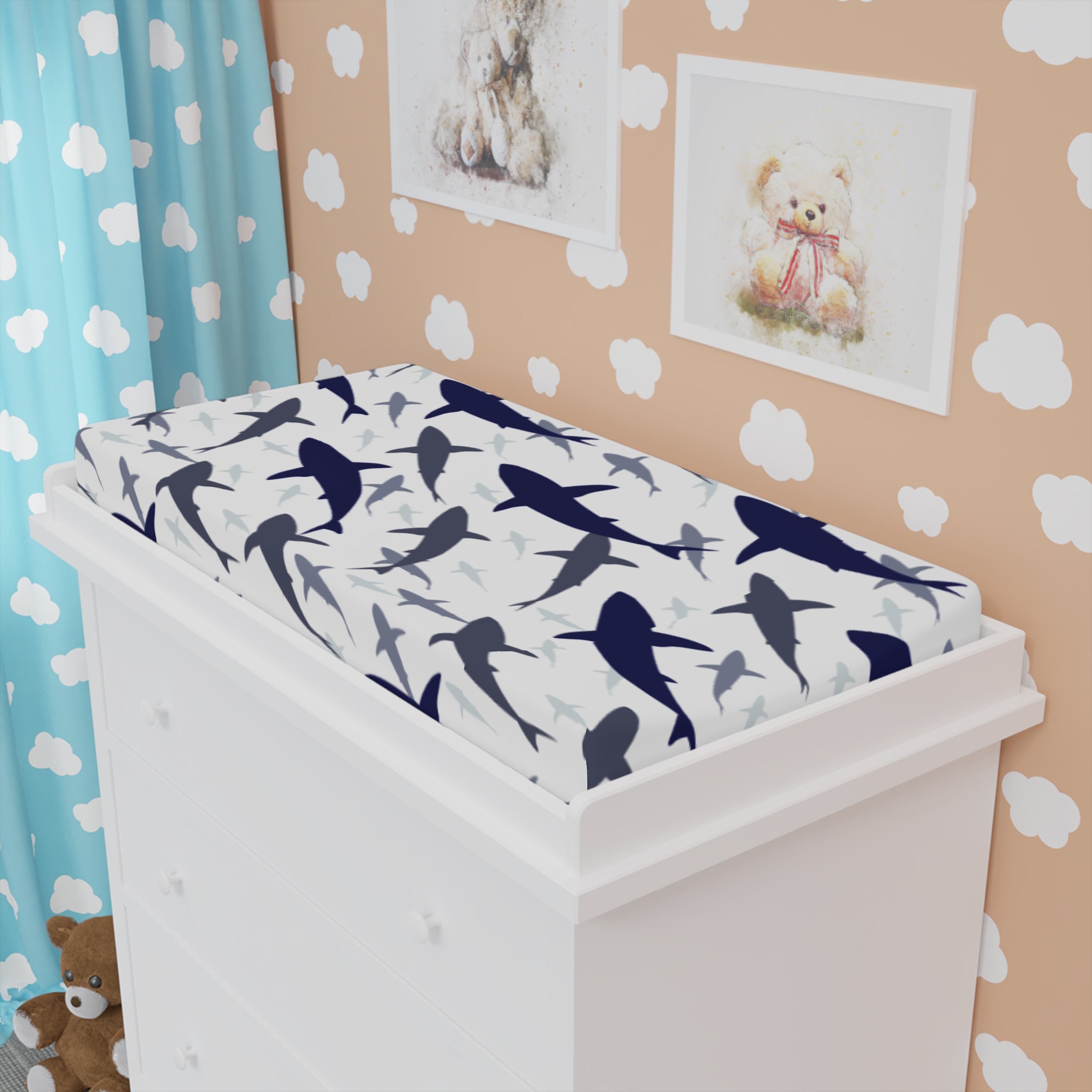 Nautical Baby Changing Pad Cover, Shark Design, Baby Shower Gift, Nursery Decor, Waterproof Crib Covers, Ocean Theme