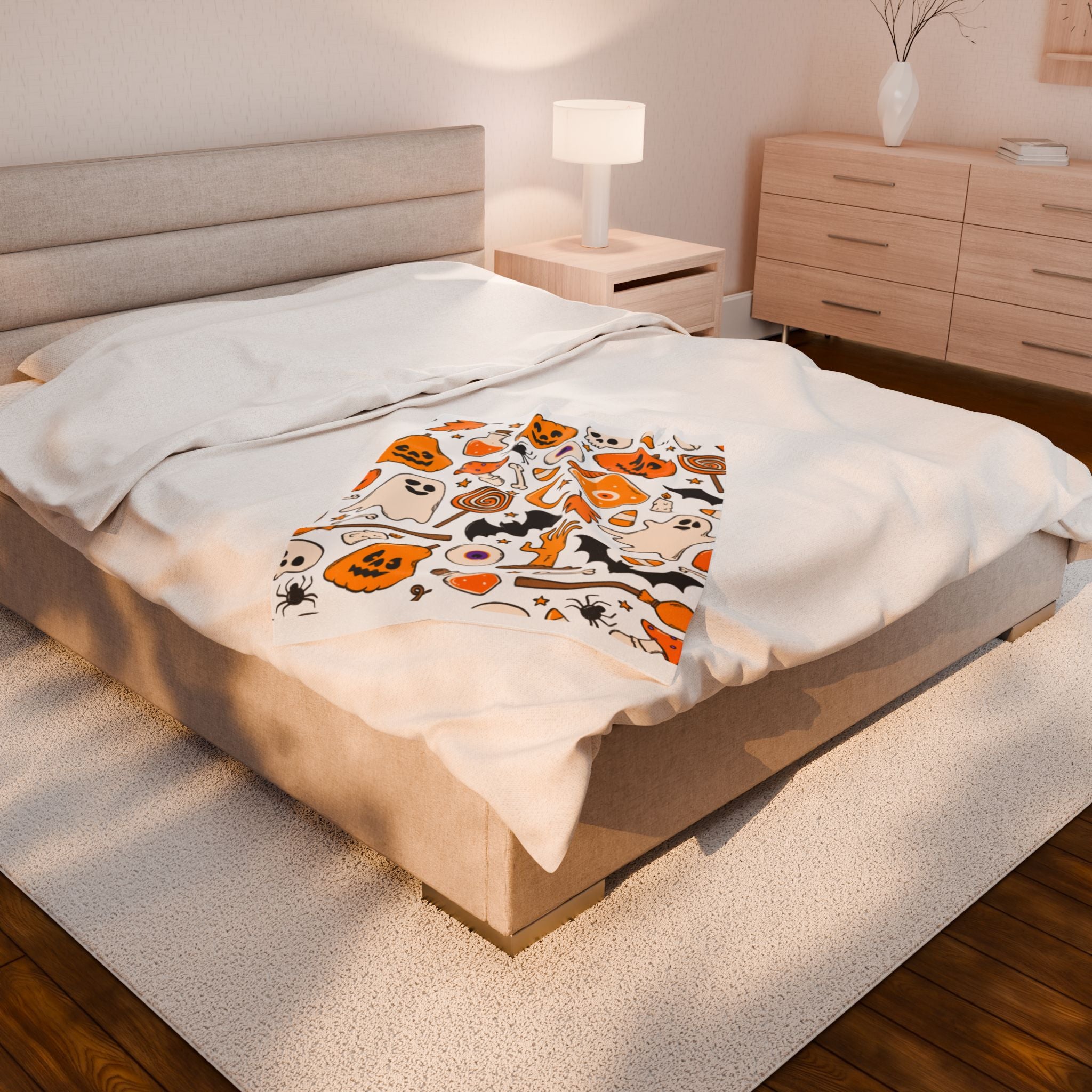 Halloween Themed Velveteen Plush Blanket | Cozy Fall Decor, Spooky Gifts, Haunted House Essentials, Pumpkin & Ghost Design