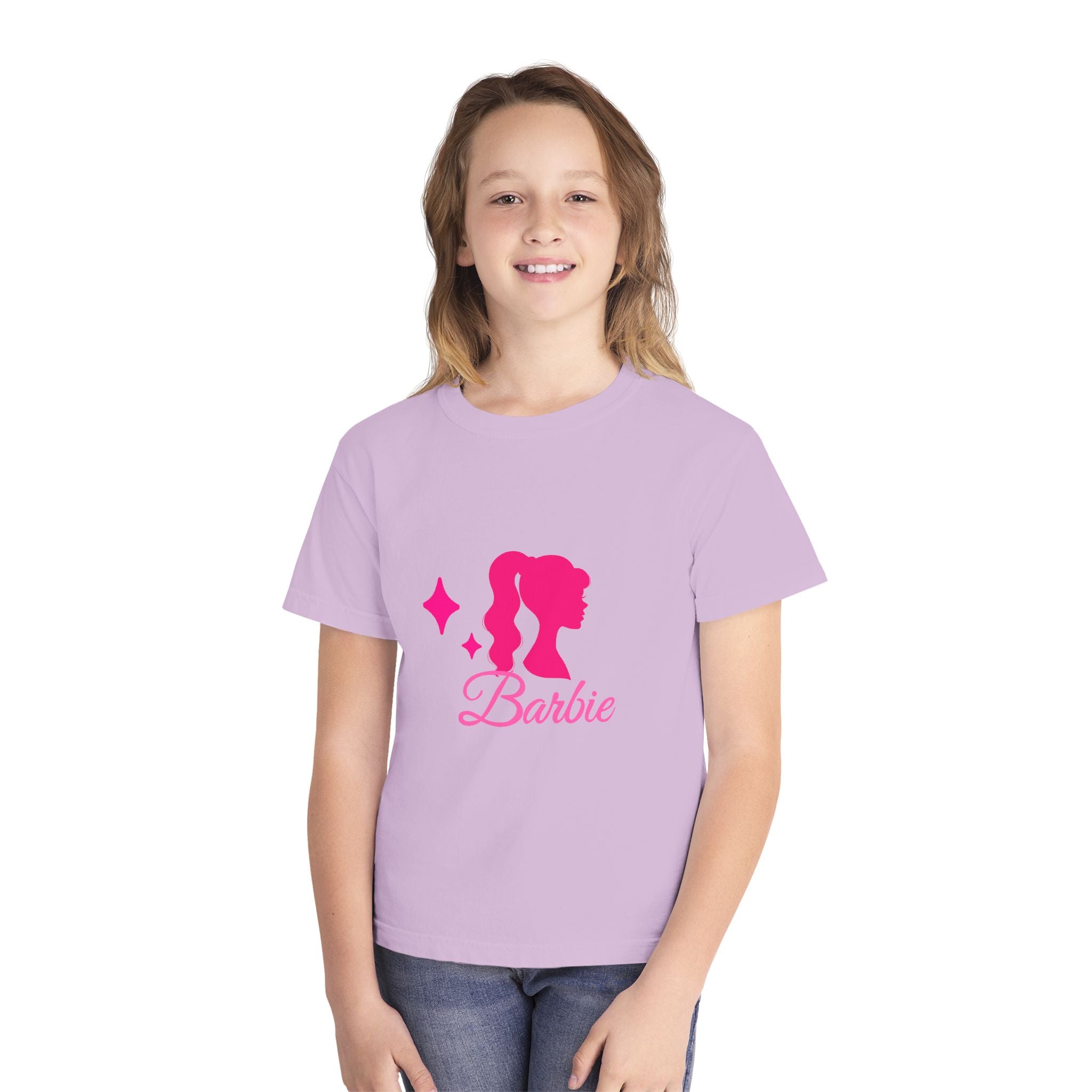 Barbie-Inspired Youth Midweight Tee, Pink Graphic Shirt, Kids Fashion Tee, Birthday Gift, Trendy Youth Apparel, Playful Summer Top