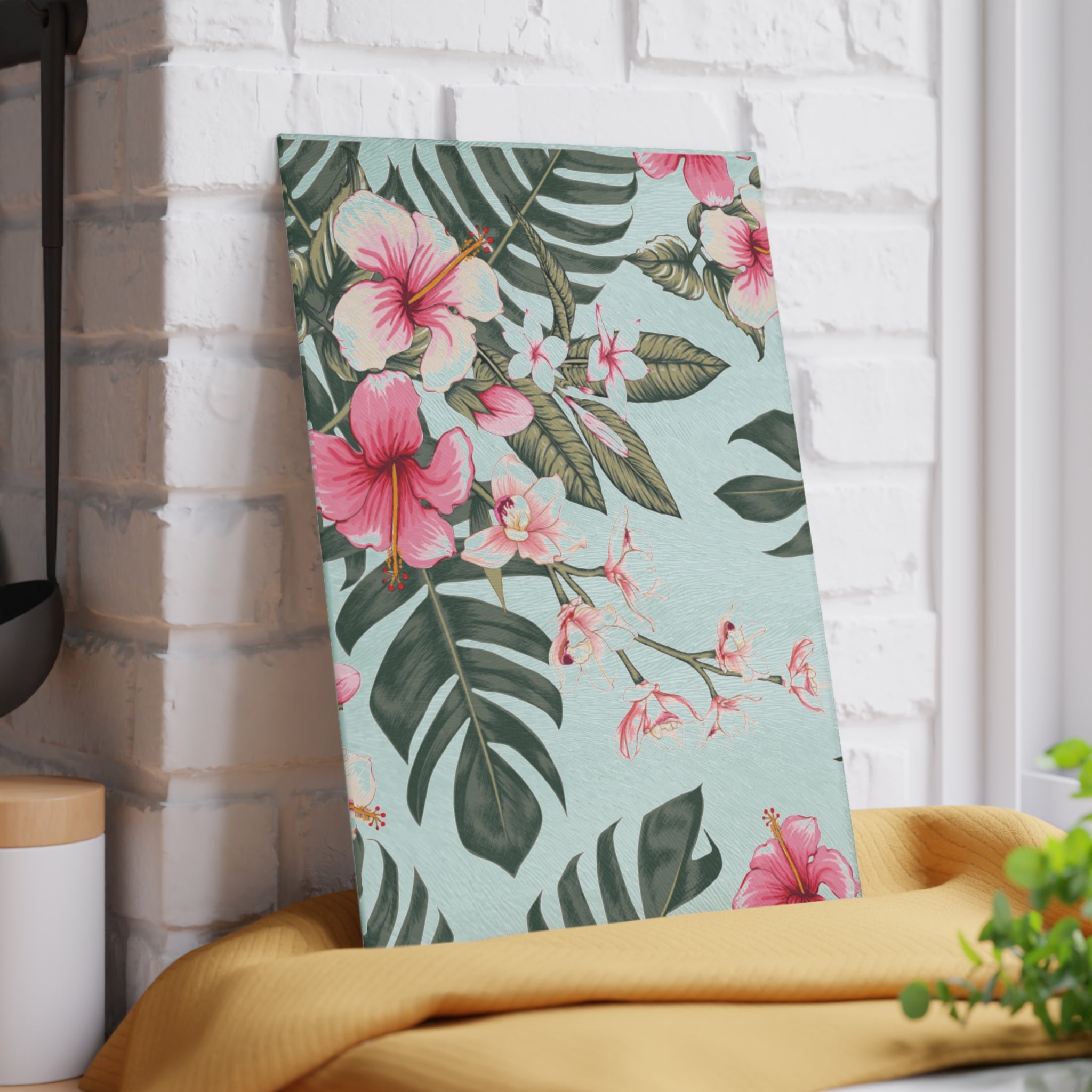 Hawaiian Tropical Floral Hibiscus Glass Cutting Board, Kitchen Decor, Unique Gift for Foodies, Housewarming, Wedding, Mothers Day