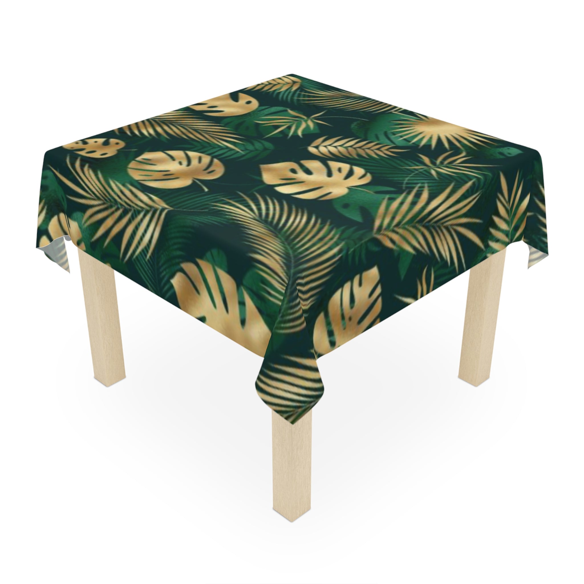 Hawaiian Tropical Monstera leafs Print Tablecloth, Elegant Dining Decor, Summer Celebration, Leafy Table Cover, Green & Gold Table Linen