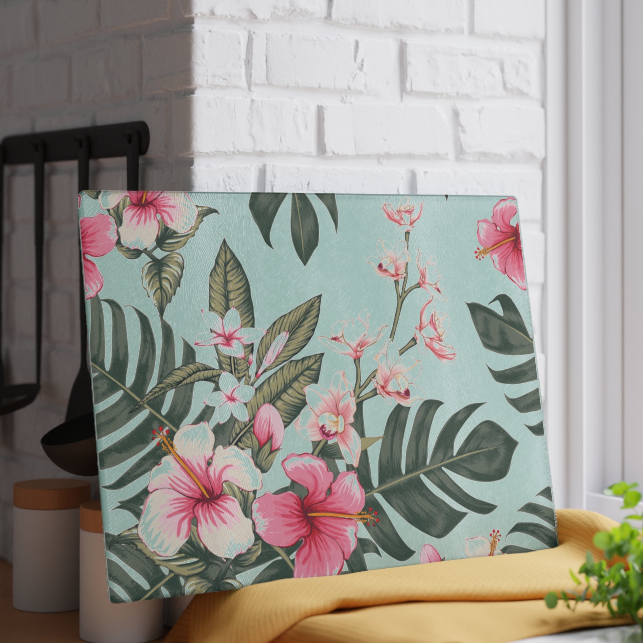 Hawaiian Tropical Floral Hibiscus Glass Cutting Board, Kitchen Decor, Unique Gift for Foodies, Housewarming, Wedding, Mothers Day