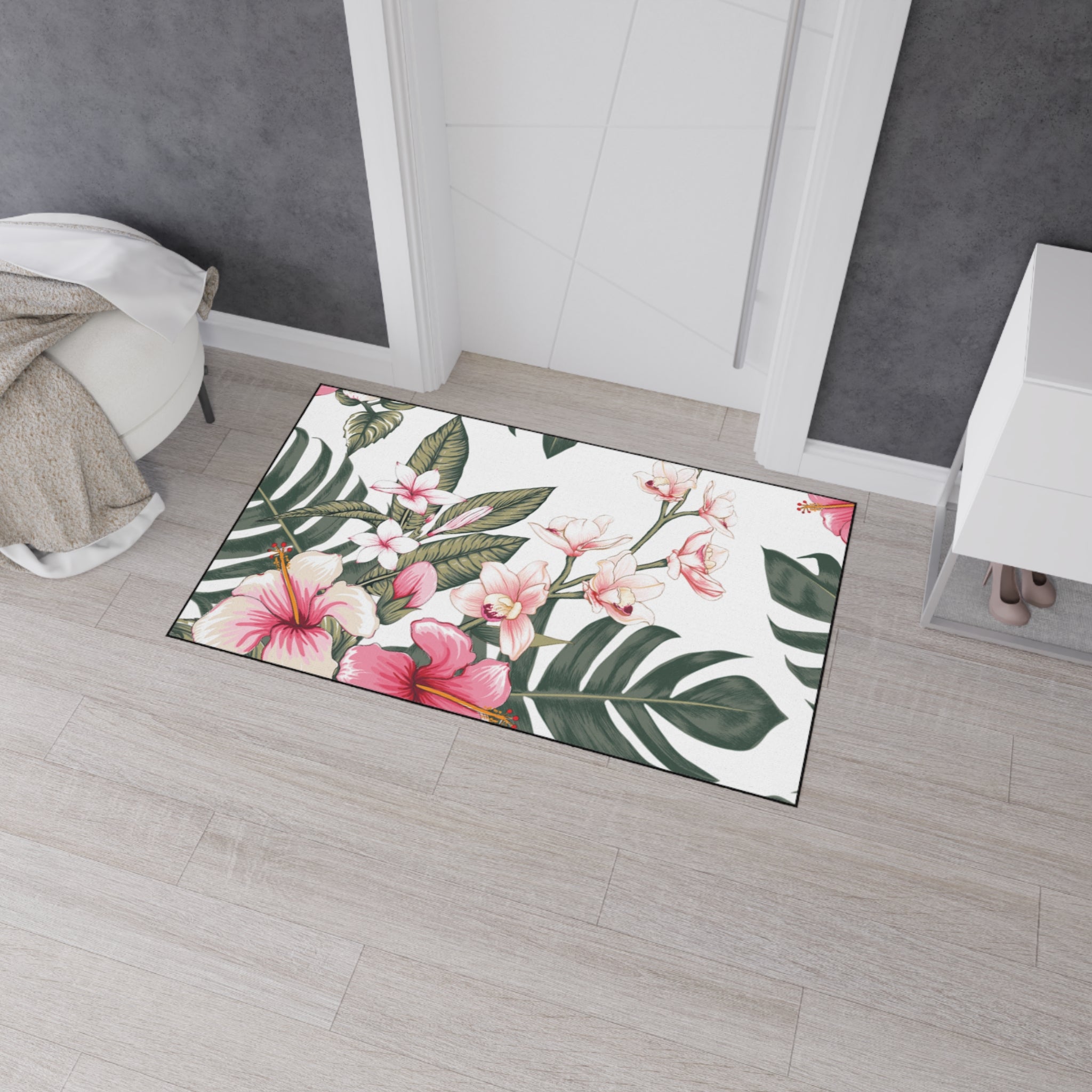 Hawaiian Tropical Plumeria Floral Heavy Duty Floor Mat, Kitchen Rug, Indoor Outdoor Welcome Mat, Home Decor, Summer Vibes, Hibiscus Design