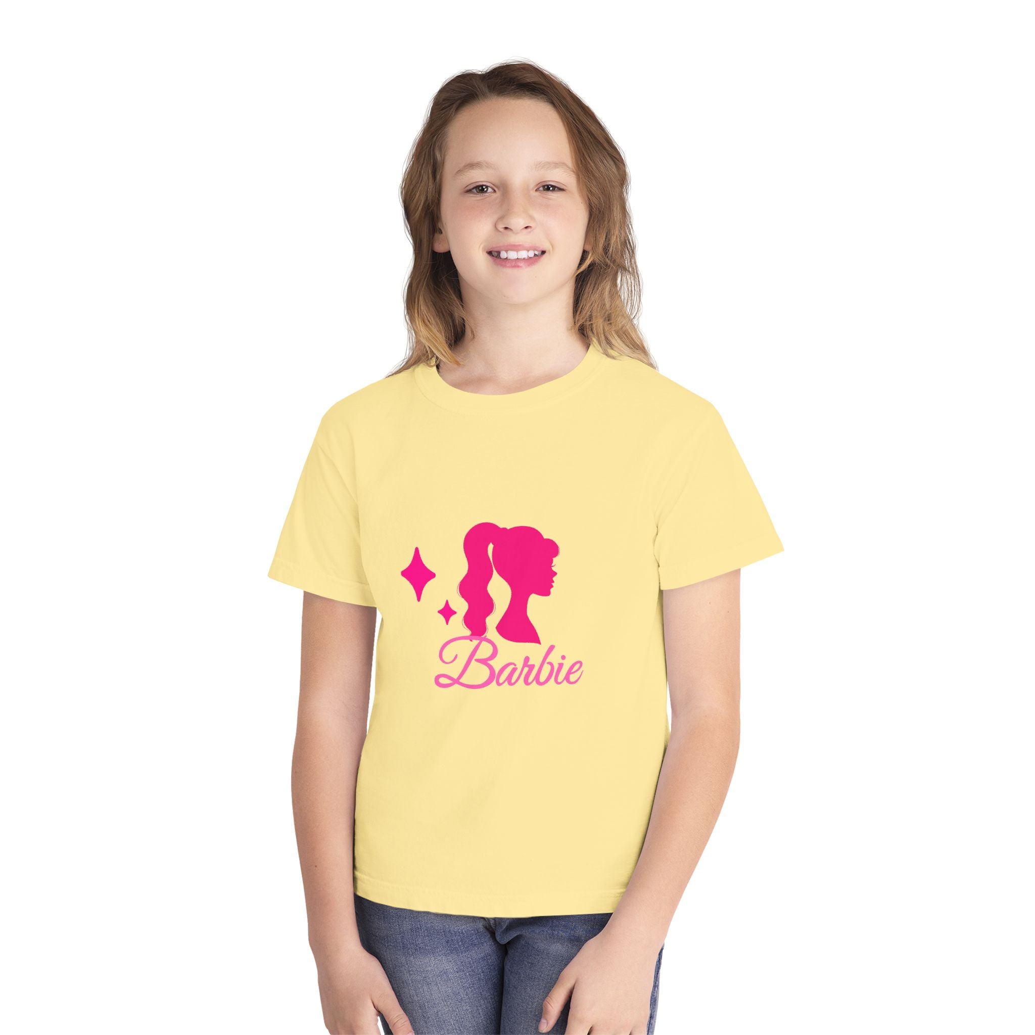 Barbie-Inspired Youth Midweight Tee, Pink Graphic Shirt, Kids Fashion Tee, Birthday Gift, Trendy Youth Apparel, Playful Summer Top