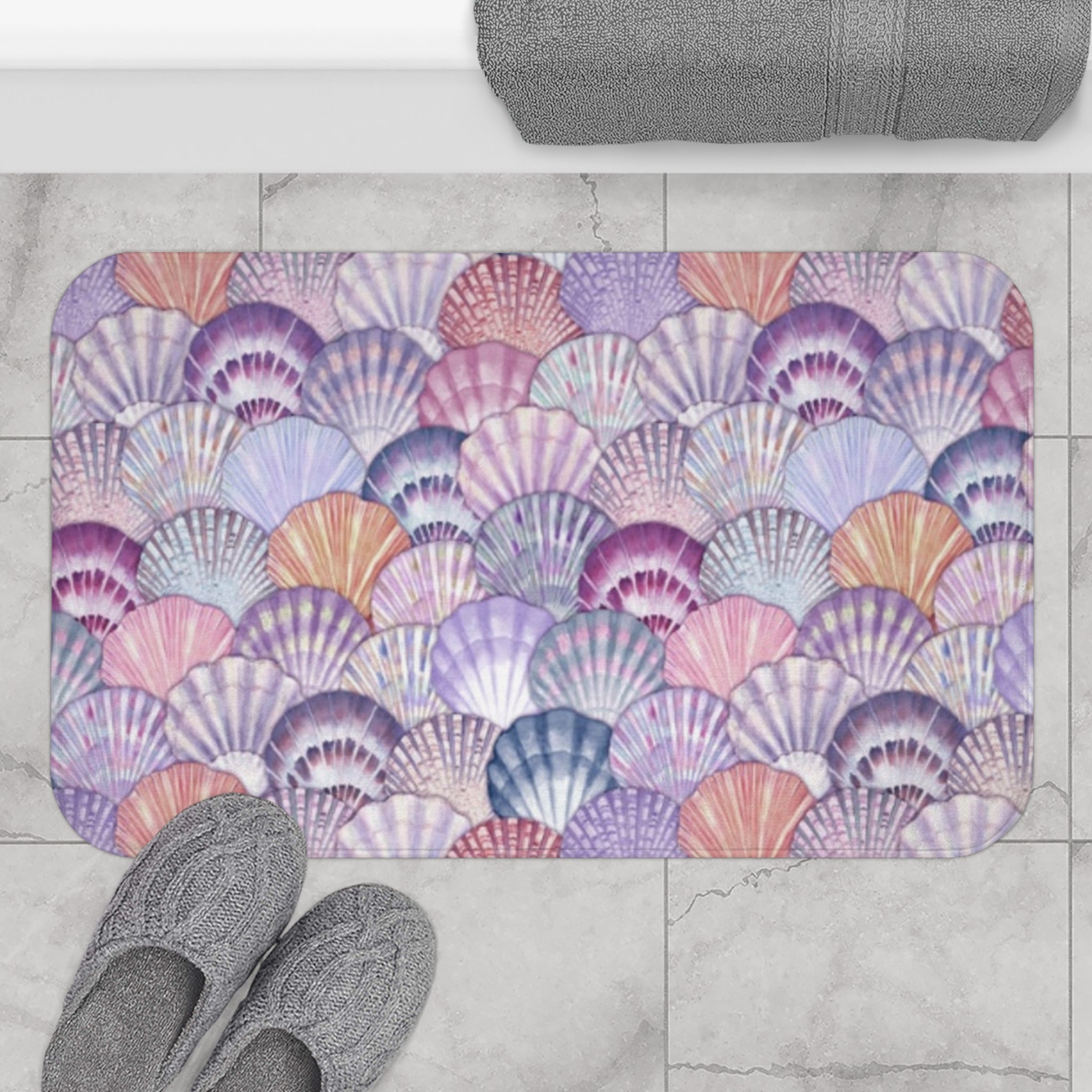 Pastel Shell Bath Mat - Coastal Decor, Bathroom Accessory, Seashell Bath Rug, Ocean-Themed Gift, Beach House Decor