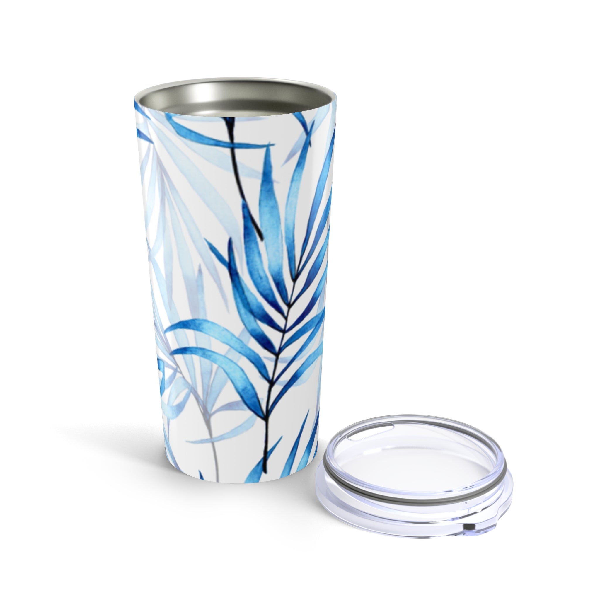 Blue Tropical Leaves Tumbler, 20oz Insulated Travel Mug, Eco-Friendly Coffee Cup, Gifts for Her, Summer Drinkware, Beach Party Accessory