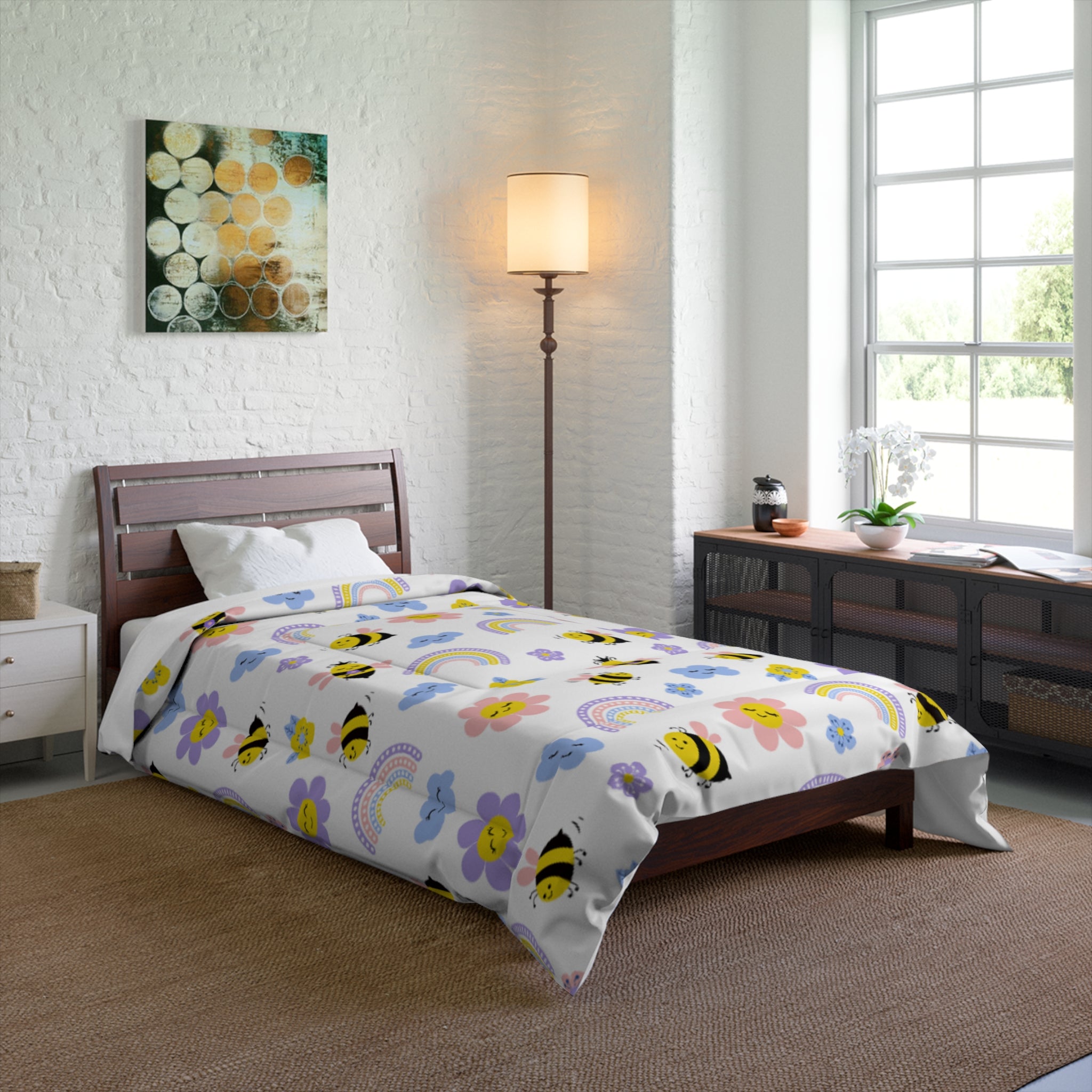 Whimsical Bee and Flower Comforter – Bright, Fun Bedding for Kids, Honey Bee Theme, Rainbow Decor, Springtime Charm, Youth Room Makeover