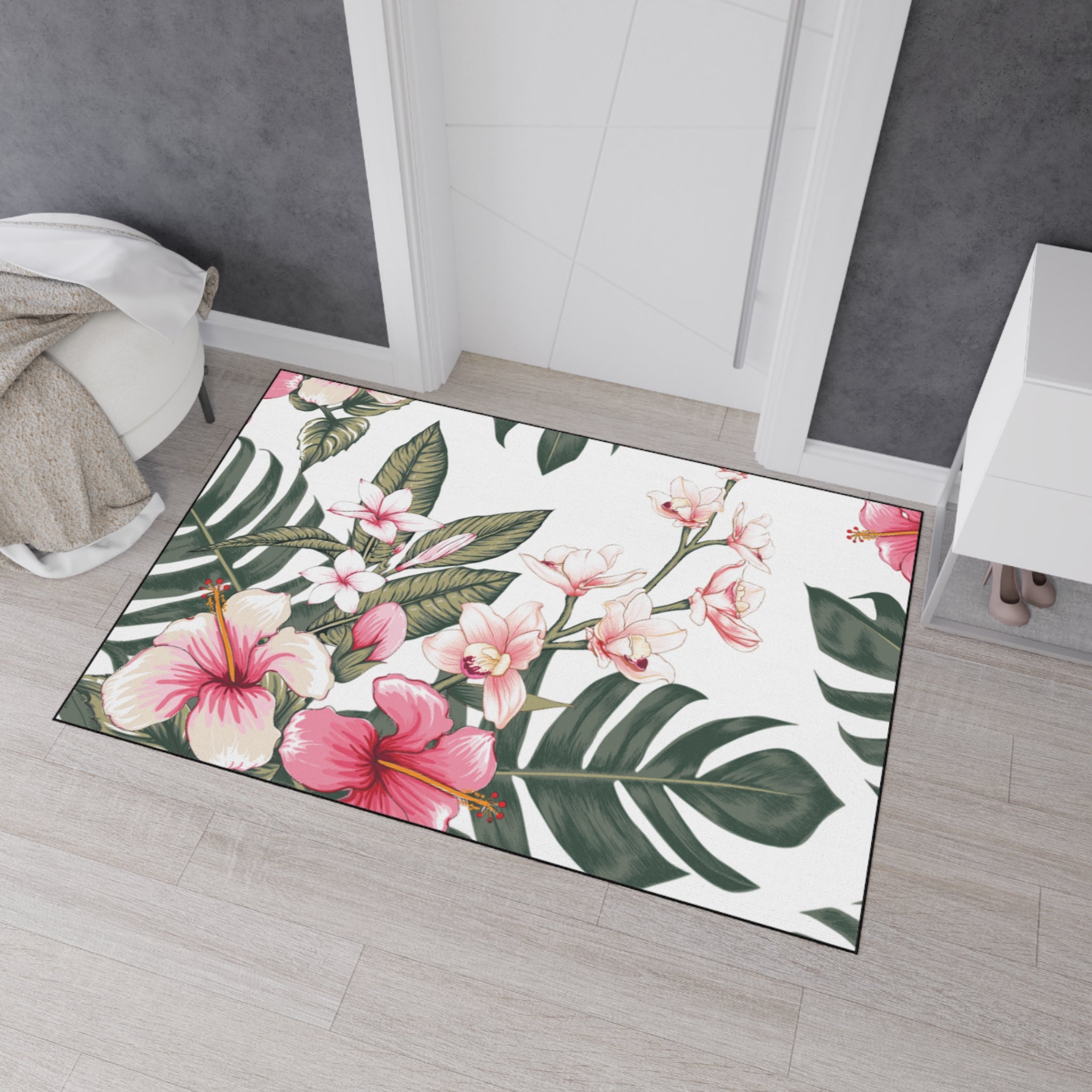 Hawaiian Tropical Plumeria Floral Heavy Duty Floor Mat, Kitchen Rug, Indoor Outdoor Welcome Mat, Home Decor, Summer Vibes, Hibiscus Design