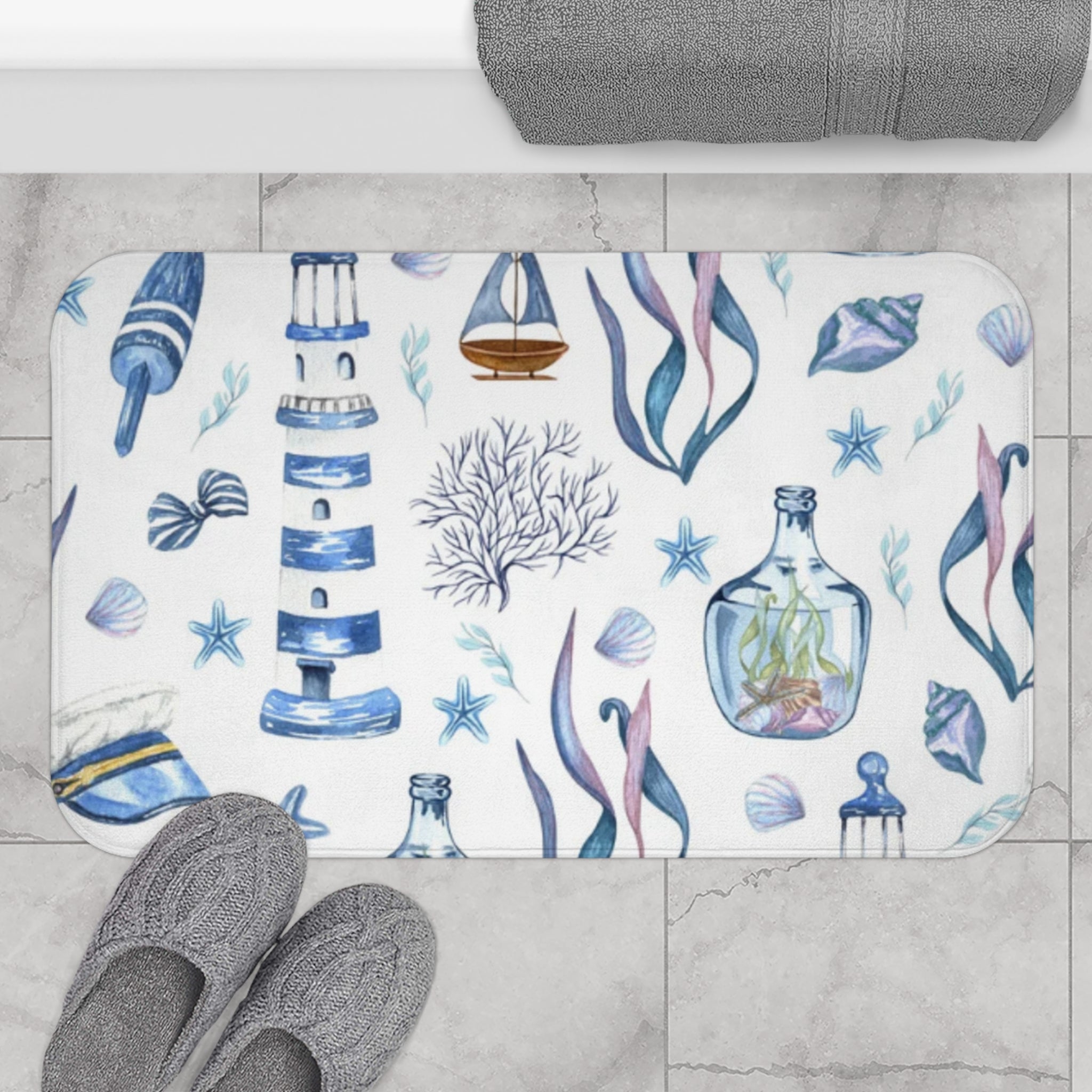 Coastal Seashell Bath Mat, Beach Decor, Nautical Bathroom Rug, Summer Home Accessory, Ocean Themed Gift