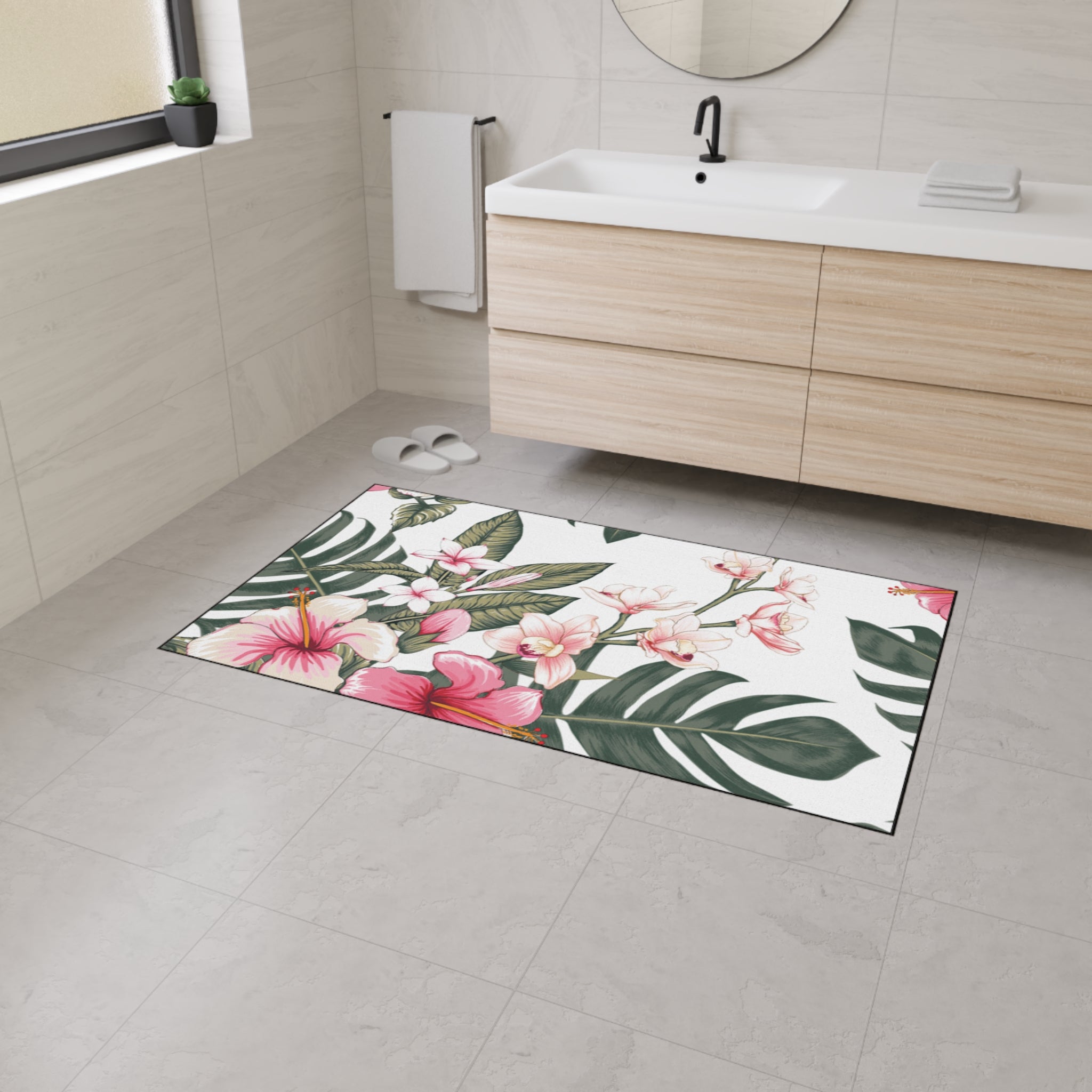 Hawaiian Tropical Plumeria Floral Heavy Duty Floor Mat, Kitchen Rug, Indoor Outdoor Welcome Mat, Home Decor, Summer Vibes, Hibiscus Design