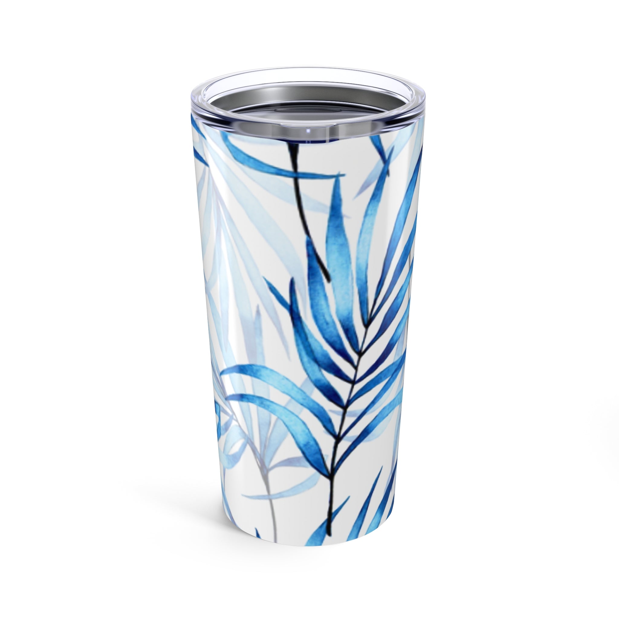 Blue Tropical Leaves Tumbler, 20oz Insulated Travel Mug, Eco-Friendly Coffee Cup, Gifts for Her, Summer Drinkware, Beach Party Accessory