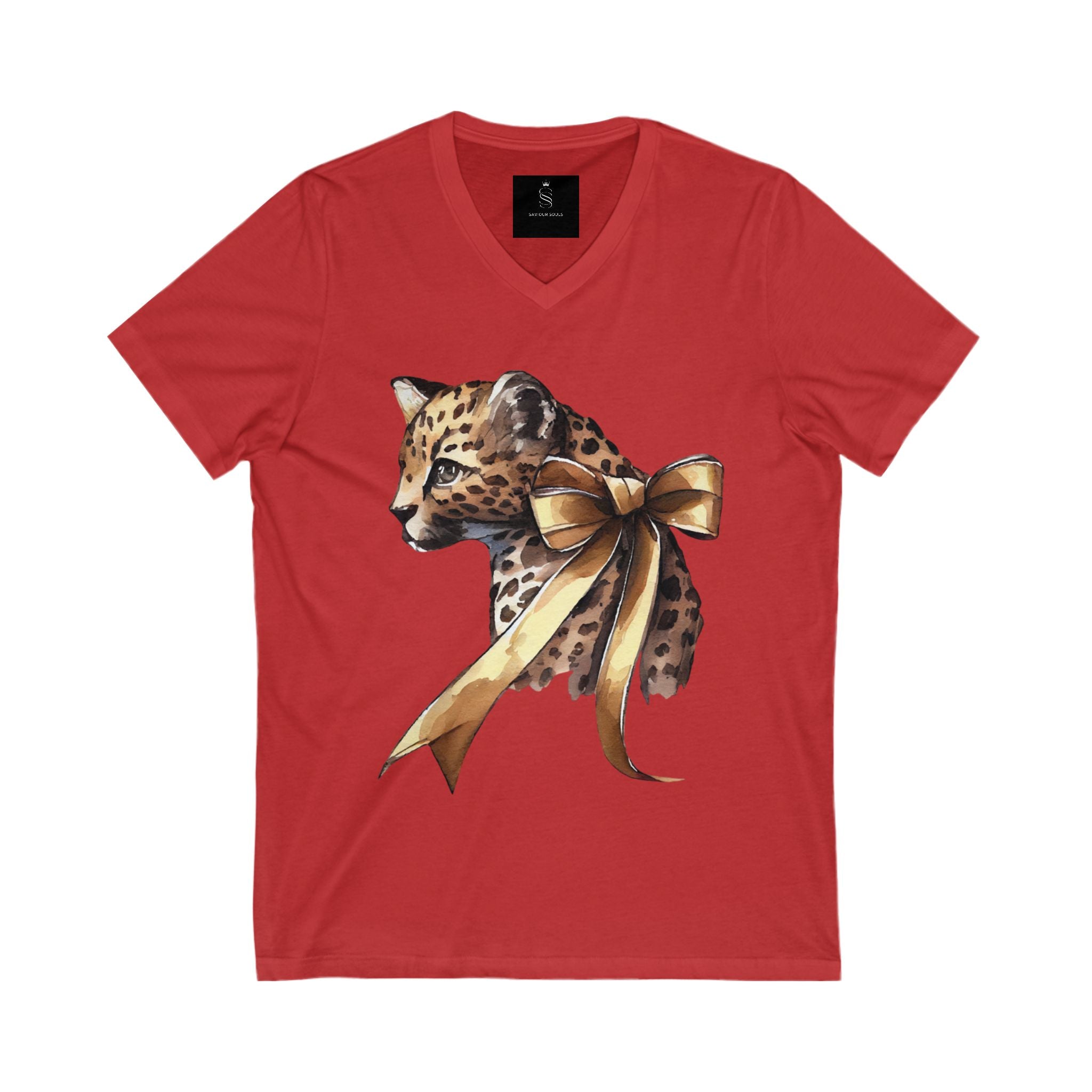 Leopard with Ribbon V-Neck T-Shirt, Cute Animal Tee, Gift for Animal Lovers, Casual Wear, Birthday Gift