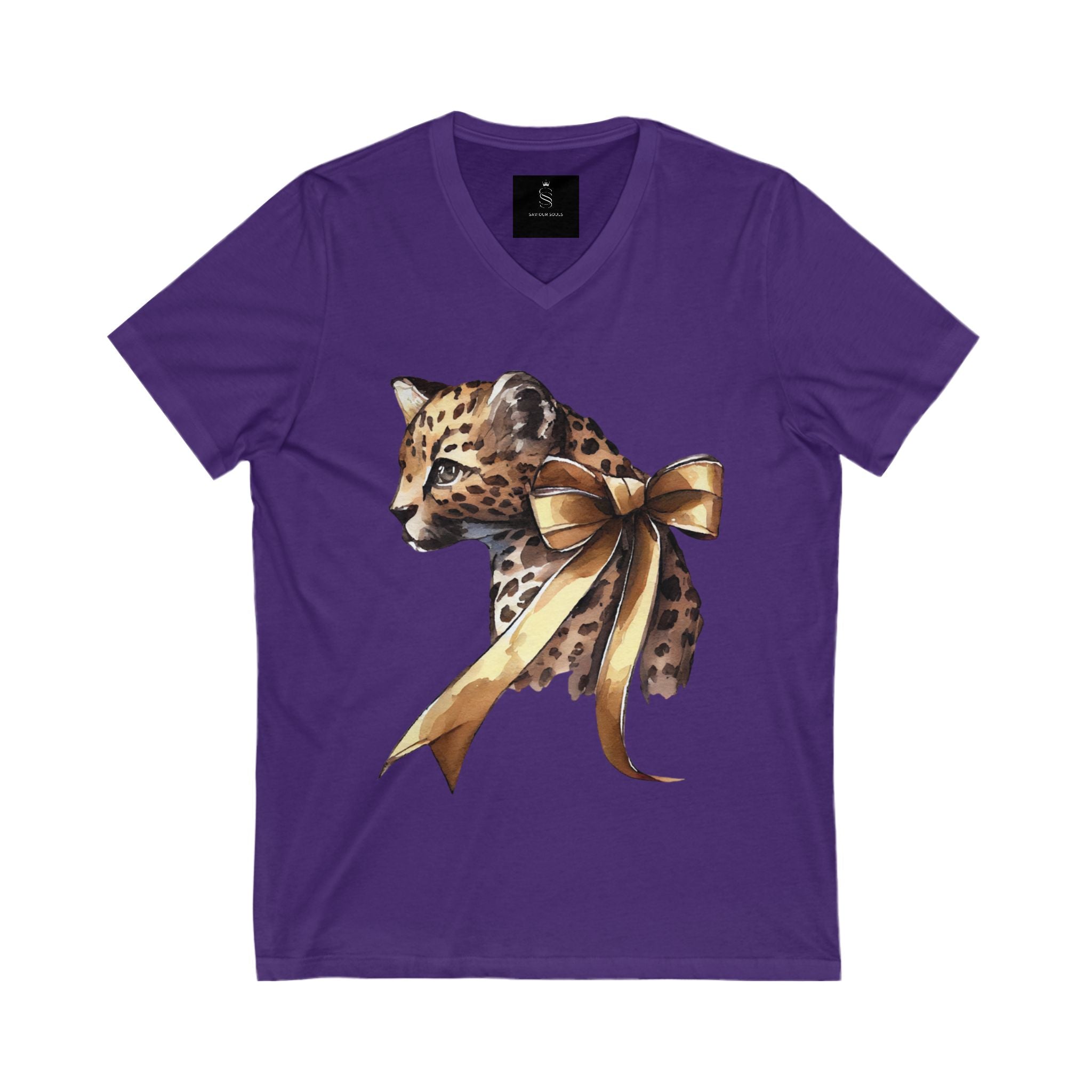 Leopard with Ribbon V-Neck T-Shirt, Cute Animal Tee, Gift for Animal Lovers, Casual Wear, Birthday Gift