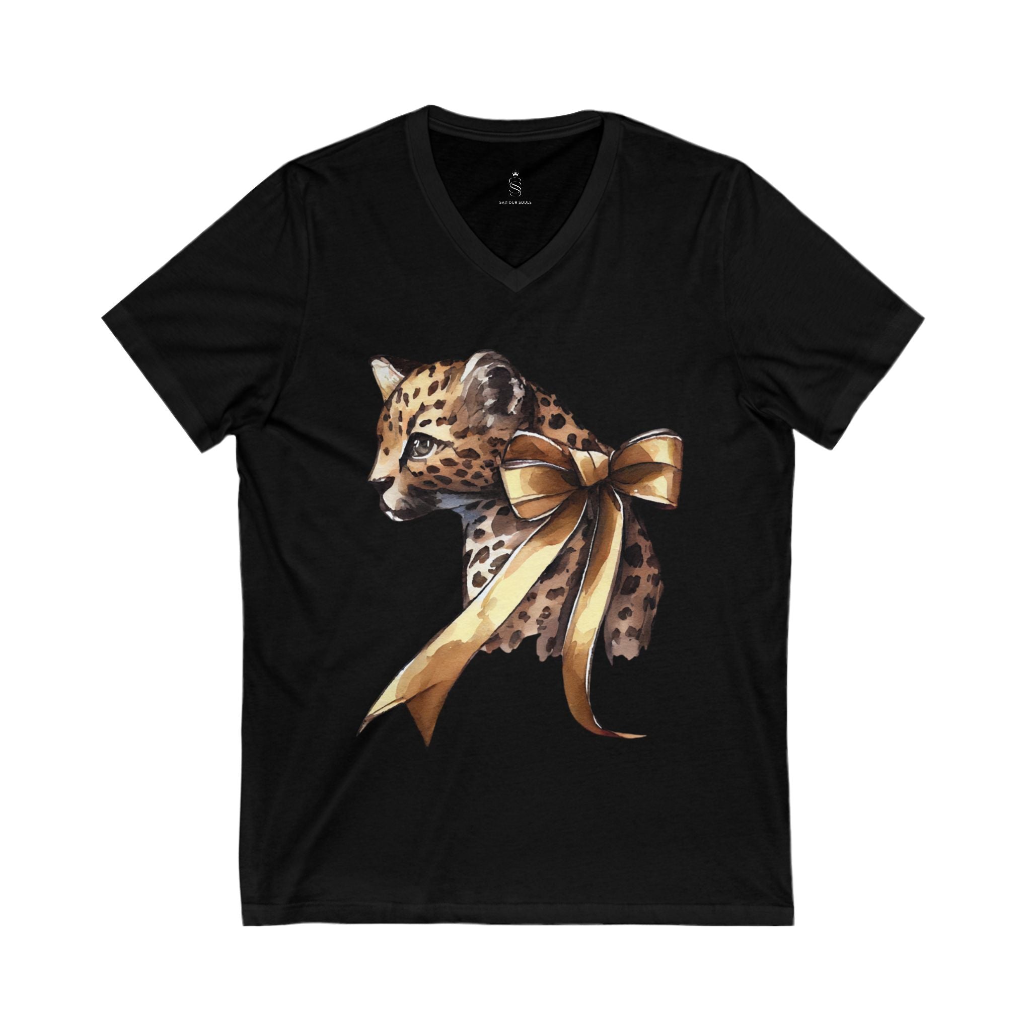 Leopard with Ribbon V-Neck T-Shirt, Cute Animal Tee, Gift for Animal Lovers, Casual Wear, Birthday Gift