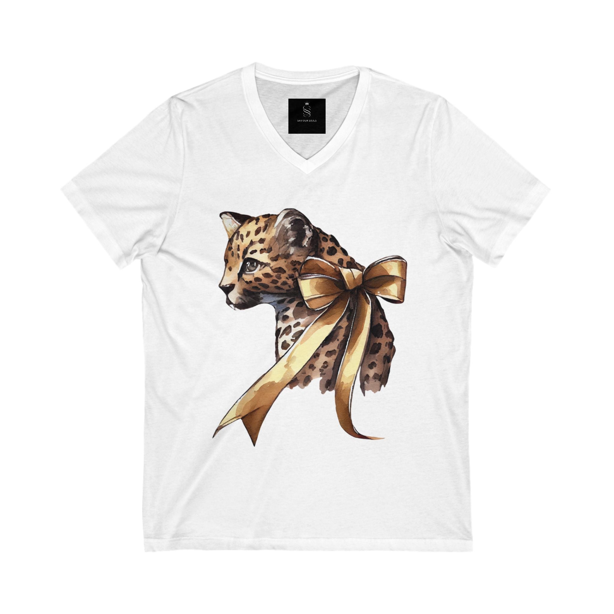 Leopard with Ribbon V-Neck T-Shirt, Cute Animal Tee, Gift for Animal Lovers, Casual Wear, Birthday Gift