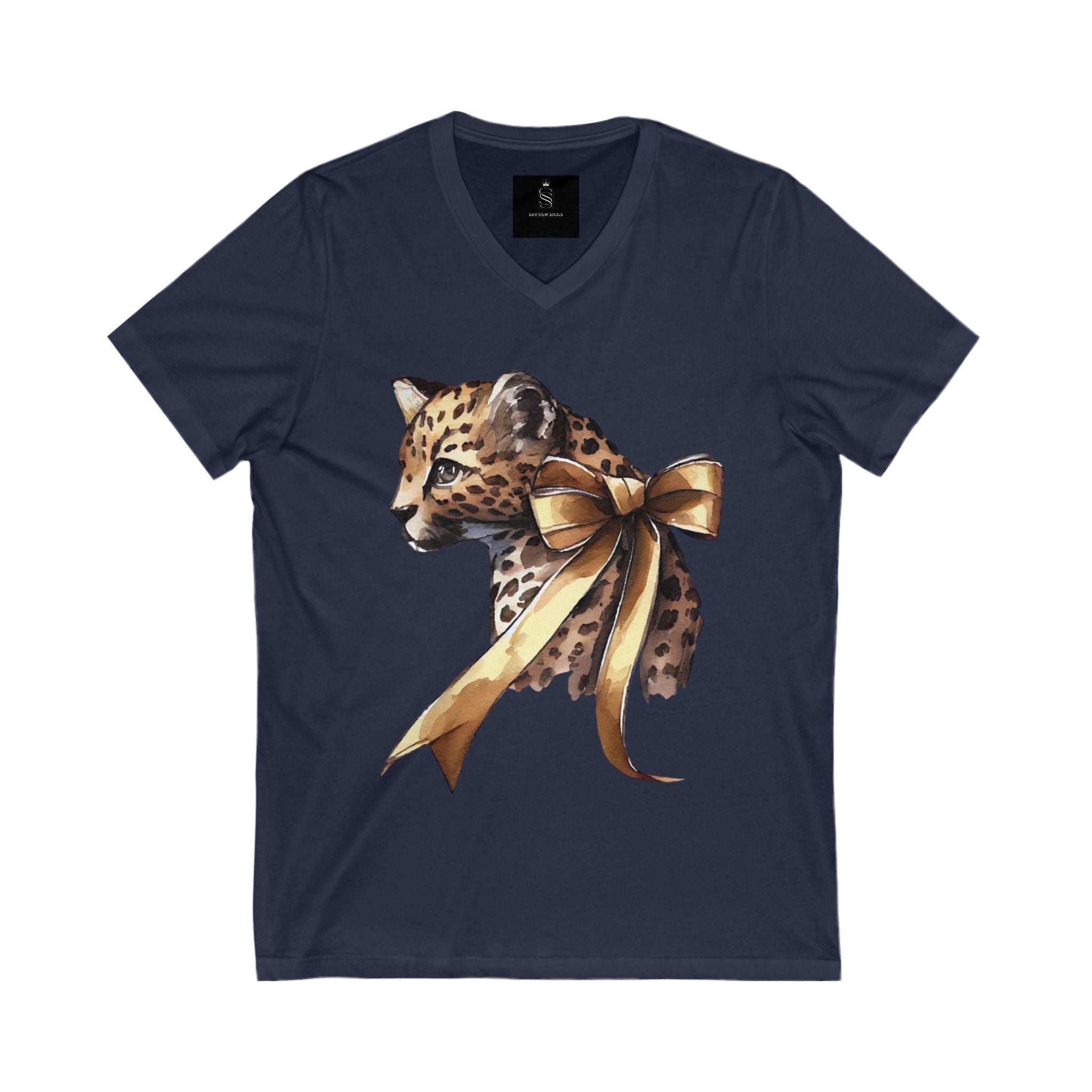 Leopard with Ribbon V-Neck T-Shirt, Cute Animal Tee, Gift for Animal Lovers, Casual Wear, Birthday Gift