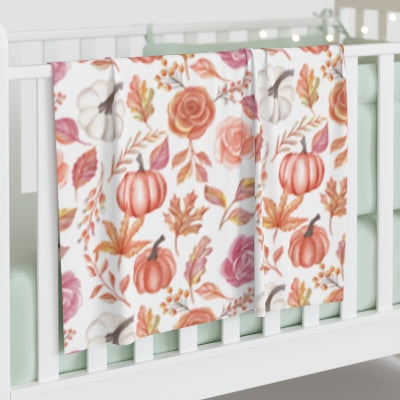 Autumn Floral Baby Swaddle Blanket - Cozy Baby Wrap for Fall, Newborn Gift, Shower Present, Nursery Decor, Pumpkin and Rose Design