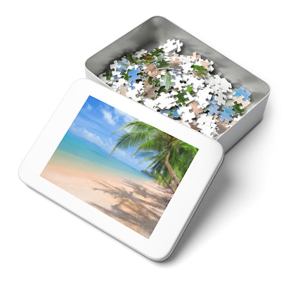 Beach Paradise Jigsaw Puzzle with Tin, Relaxing Home Decor, Family Game Night, Gift for Puzzle Lovers, Coastal Relaxation