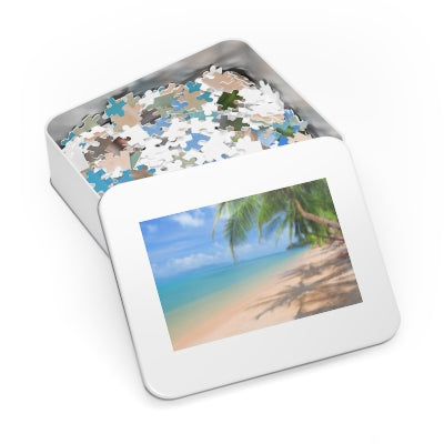 Beach Paradise Jigsaw Puzzle with Tin, Relaxing Home Decor, Family Game Night, Gift for Puzzle Lovers, Coastal Relaxation