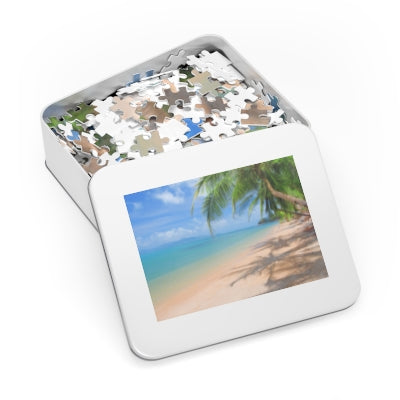 Beach Paradise Jigsaw Puzzle with Tin, Relaxing Home Decor, Family Game Night, Gift for Puzzle Lovers, Coastal Relaxation