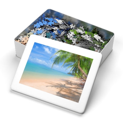 Beach Paradise Jigsaw Puzzle with Tin, Relaxing Home Decor, Family Game Night, Gift for Puzzle Lovers, Coastal Relaxation