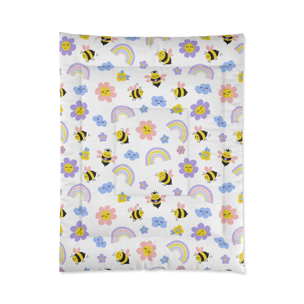 Whimsical Bee and Flower Comforter – Bright, Fun Bedding for Kids, Honey Bee Theme, Rainbow Decor, Springtime Charm, Youth Room Makeover
