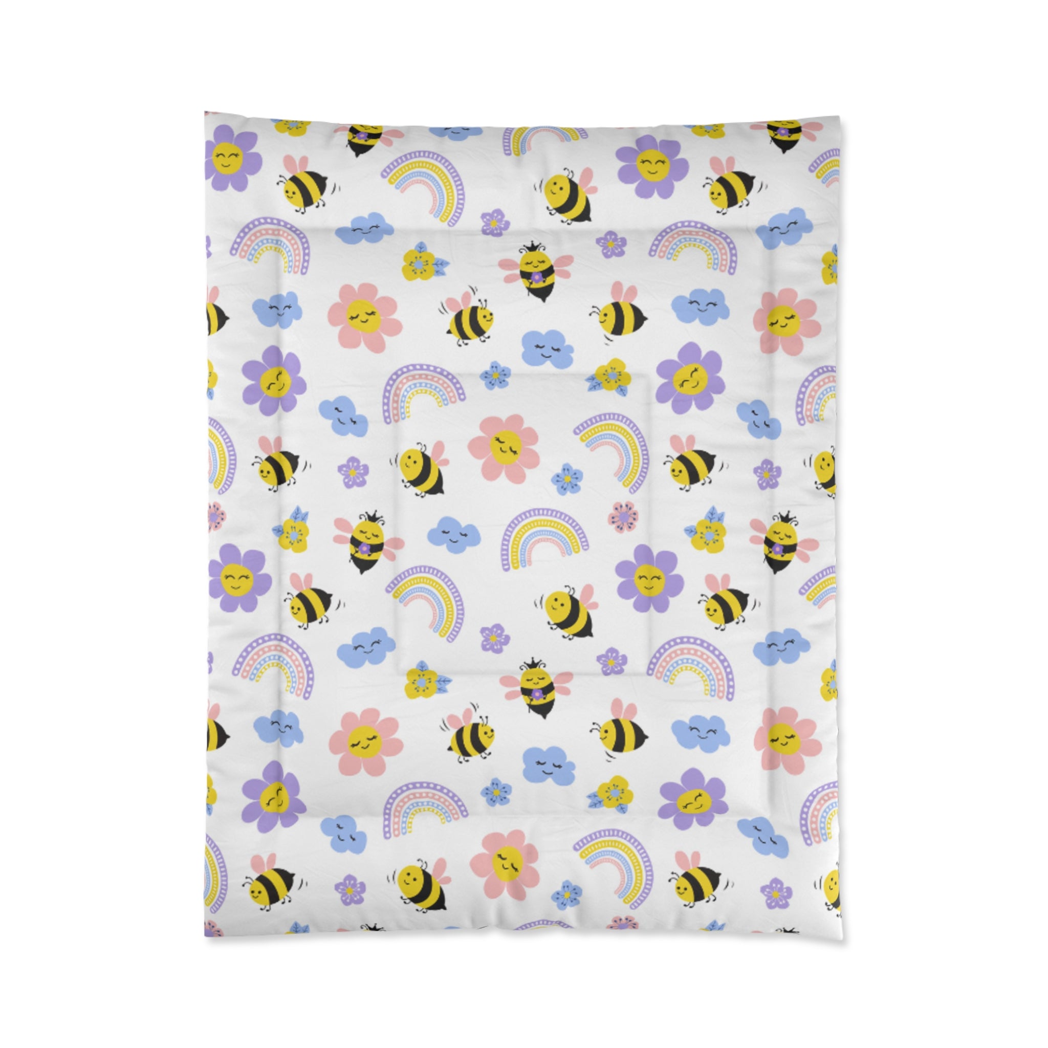 Whimsical Bee and Flower Comforter – Bright, Fun Bedding for Kids, Honey Bee Theme, Rainbow Decor, Springtime Charm, Youth Room Makeover