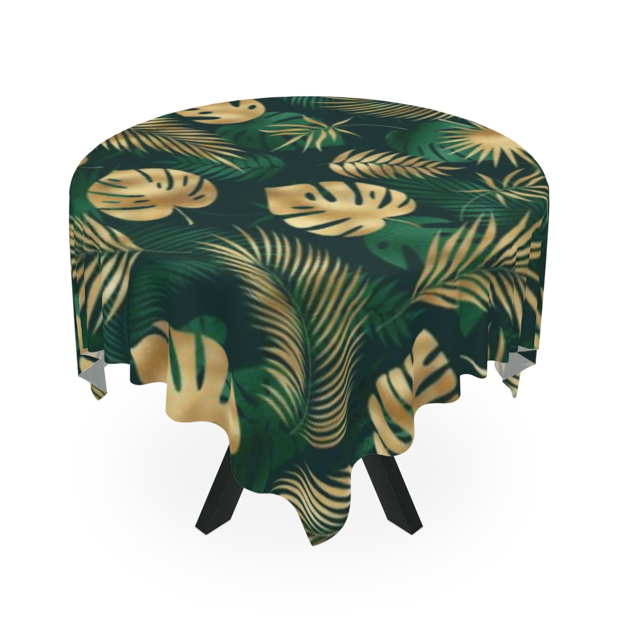 Hawaiian Tropical Monstera leafs Print Tablecloth, Elegant Dining Decor, Summer Celebration, Leafy Table Cover, Green & Gold Table Linen
