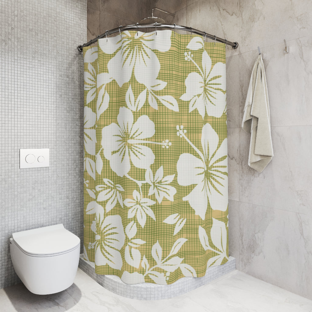 Boho Floral Shower Curtain, Tropical Bathroom Decor, Hibiscus Print, Green Flower Bath Curtain, Nature-Inspired Home Decor