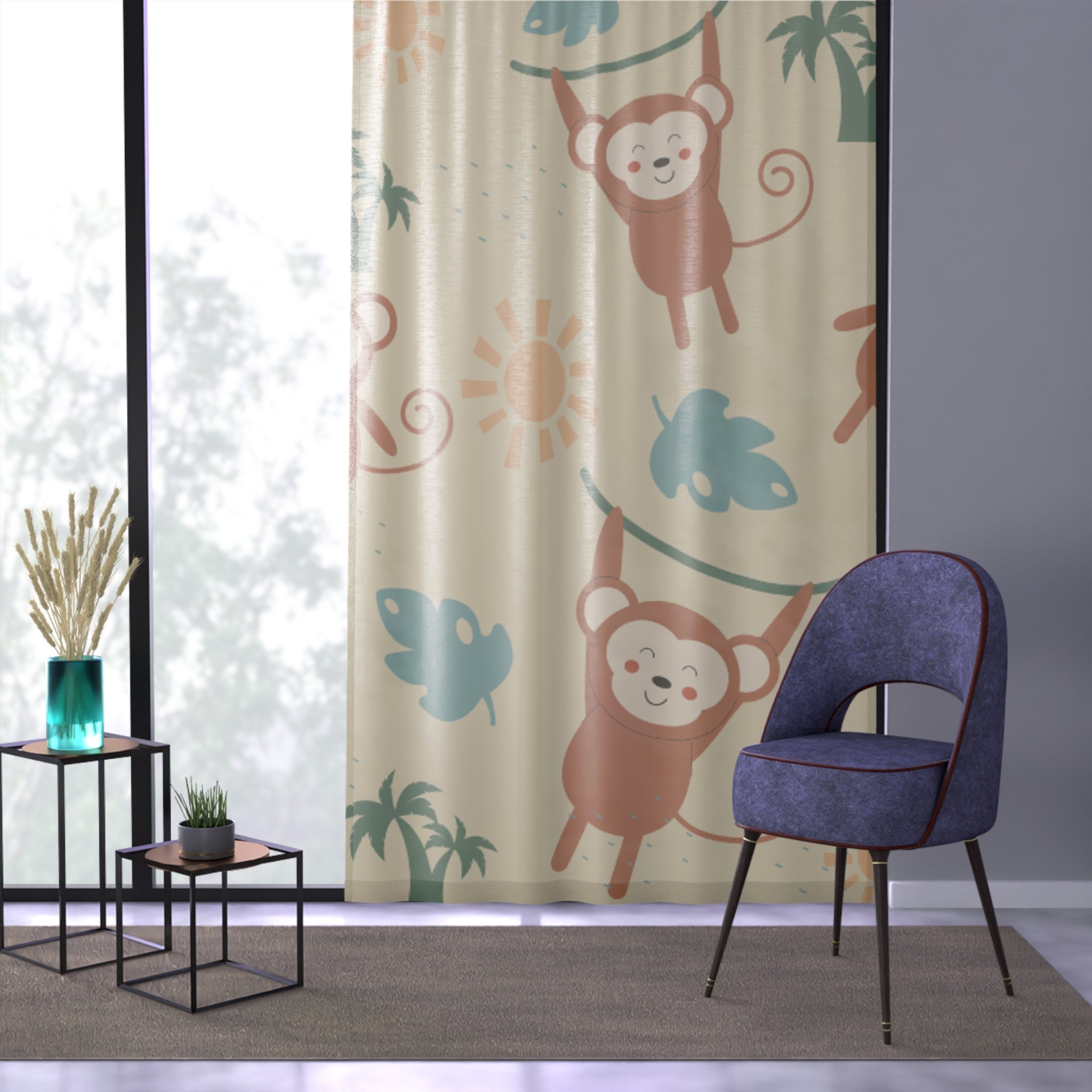 Playful Monkey Window Curtain - Fun Tropical Decor, Kids' Room, Nursery, Animal-Themed, Tropical Vibes