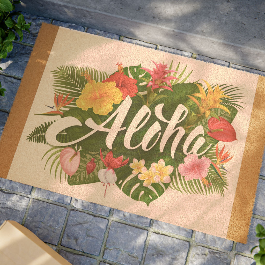 Aloha Floral Doormat, Tropical Welcome Mat for Home Decor, Summer Entryway Rug, Hawaiian Housewarming Gift, Outdoor Indoor Mat